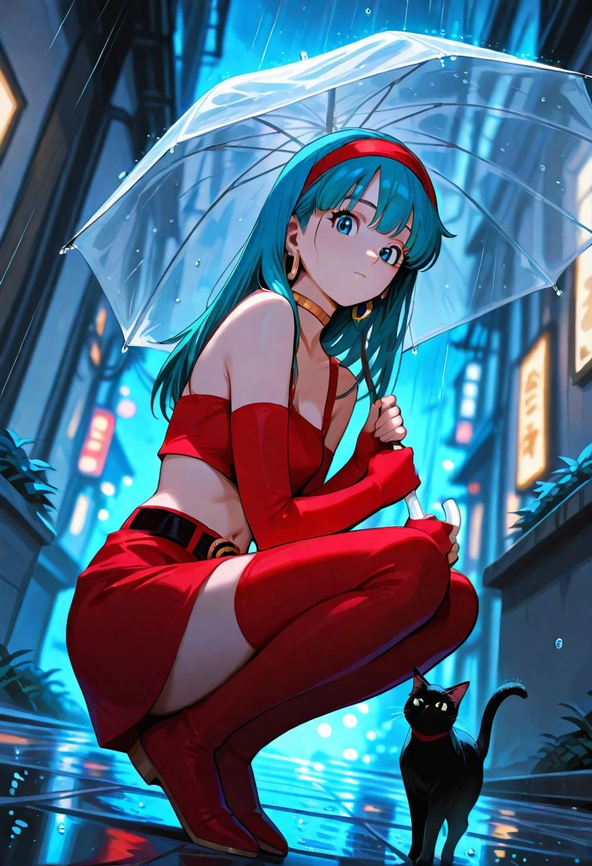 masterpiece, best quality, amazing quality, very aesthetic, absurdres, newest, (From Below:1.2), Wide Shot, Vanishing Point, (Dutch Angle:1.1), From Side, Innocence, purity,Naughty,
bulla, 1girl, solo, blue eyes, long hair, blue hair, bangs,
hairband, hoop earrings, red crop top, choker, elbow gloves, fingerless gloves, midriff, navel, belt, red skirt, thighhighs, cute, rain, holding transparent umbrella, squatting, looking at viewer, cat, blul night sky, colorful, shadowy lighting, cinematic atmosphere, high contrast, blurry background, raindrops disappearing into the sky perspective,