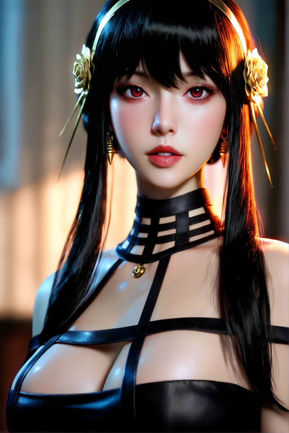 a close-up portrait of a female figure with striking features. she has long,straight black hair adorned with golden roses on either side. her eyes are a captivating shade of red,and she has a pale complexion. she is wearing a black choker with a unique geometric design. the background is softly blurred,emphasizing the subject,and the lighting casts a gentle glow on her face,highlighting her facial features.,1girl,solo,long hair,breasts,looking at viewer,bangs,large breasts,black hair,hair ornament,red eyes,dress,cleavage,bare shoulders,jewelry,collarbone,upper body,flower,sidelocks,hairband,earrings,parted lips,choker,shiny,hair flower,black dress,lips,eyelashes,rose,portrait,backlighting,realistic,gold hairband,yor briar