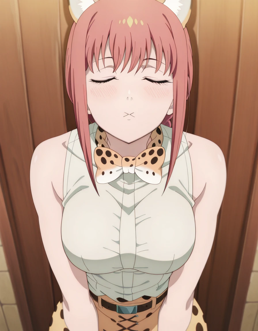 masterpiece, best quality, amazing quality,, <lora:chainsawman-makima-s1-illustriousxl-lora-nochekaiser:1>, makima, makima (chainsaw man), long hair, bangs, yellow eyes, braid, red hair, braided ponytail, ringed eyes, mature female, medium breasts, anime screencap, <lora:serval-cosplay-illustriousxl-lora-nochekaiser:1>, serval cosplay, serval (kemono friends) (cosplay), serval print, print bowtie, print bow, two-tone bowtie, orange bowtie, two-tone bow, print skirt, white bowtie, orange bow, animal ears, belt, cat ears, fake animal ears, gloves, leopard print, yellow skirt, white shirt, sleeveless, sleeveless shirt,, <lora:incoming-kiss-illustriousxl-lora-nochekaiser:1>, incoming kiss, closed eyes, blush, pov, upper body, :x, , , ,
