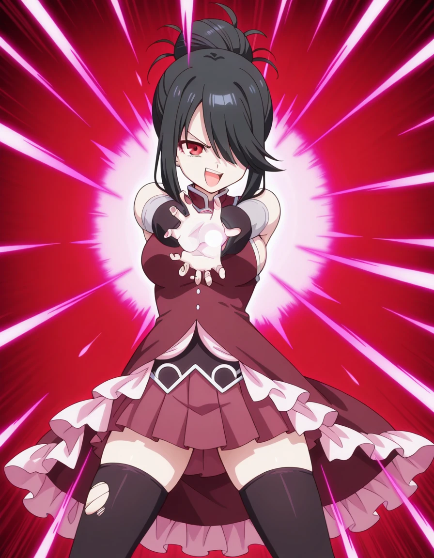 masterpiece, best quality, amazing quality,, <lora:kurumi-tokisaki-s2-illustriousxl-lora-nochekaiser:1>, kurumi tokisaki, black hair, red eyes, medium hair, folded hair, hair bun, hair over one eye, mature female, medium breasts, anime screencap, <lora:sakura-kyoko-cosplay-illustriousxl-lora-nochekaiser:1>, sakura kyoko cosplay, sakura kyoko (cosplay), black thighhighs, cosplay, detached sleeves, dress, frilled dress, frills, long sleeves, magical girl, miniskirt, pleated skirt, red dress, red skirt, sideboob, skirt, skirt under dress, sleeveless, sleeveless dress, thighhighs, zettai ryouiki,, <lora:kamehameha-illustriousxl-lora-nochekaiser:1>, kamehameha, kamehameha (dragon ball), open mouth, outstrecthed arms, torn clothes, shouting, energy, energy beam, energy ball, electricity,, smirk, open mouth, , ,