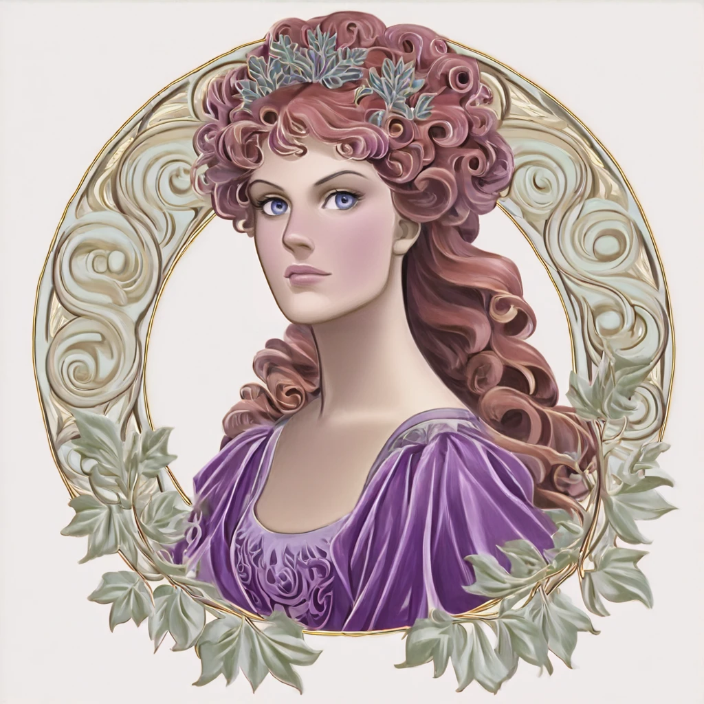 <lora:ArtNoveauMJ7Illustrious:1> ArsMJStyle, Art Nouveau,, The image shows a painting of a woman with long red hair wearing a purple dress set against a white background., 1girl, solo, long hair, blue eyes, hair ornament, lips, portrait, curly hair, leaf, looking at viewer