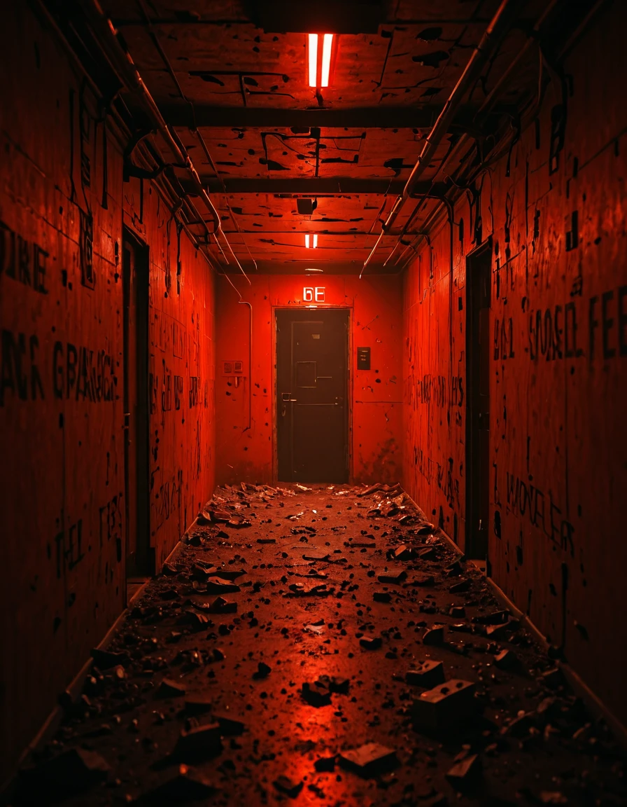 <lora:CW02_Lost_Officev2illb:1> abandoned hall, red light, dark, extremely narrow, debris, the hallway feels cramped and claustrophobic, with walls pressing in tightly on either side, leaving just enough room for a single person to walk through. The limited width, likely no more than three feet across, amplifies the tension of the scene. The low ceiling adds to the sense of enclosure, boxed in by panels and broken fixtures, with wires hanging loosely â a sign of disrepair.
The deep red lighting casts harsh shadows and further accentuates the tightness of the space, making the walls feel like they're closing in. Because of this lighting, any depth perception is diminished, enhancing the tunnel-like effect and making the space appear even more compressed and suffocating.
In the distance, the corridor tapers into darkness through a door at the end â giving the illusion of a passage that not only narrows but possibly never ends. The grimy floor, cluttered with debris, adds to the discomfort, making each step feel more confined and uneasy.