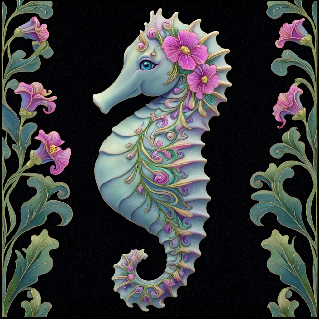 <lora:ArtNoveauMJ7SDXL:1> ArsMJStyle, Art Nouveau,, The image shows a seahorse with a vibrant array of flowers on its back set against a black background. The colors of the flowers range from bright pinks and purples to deep blues and greens creating a beautiful and eye-catching piece of art., no humans, black background, simple background, flower, blue eyes, profile, from side, solo, leaf, pink flower