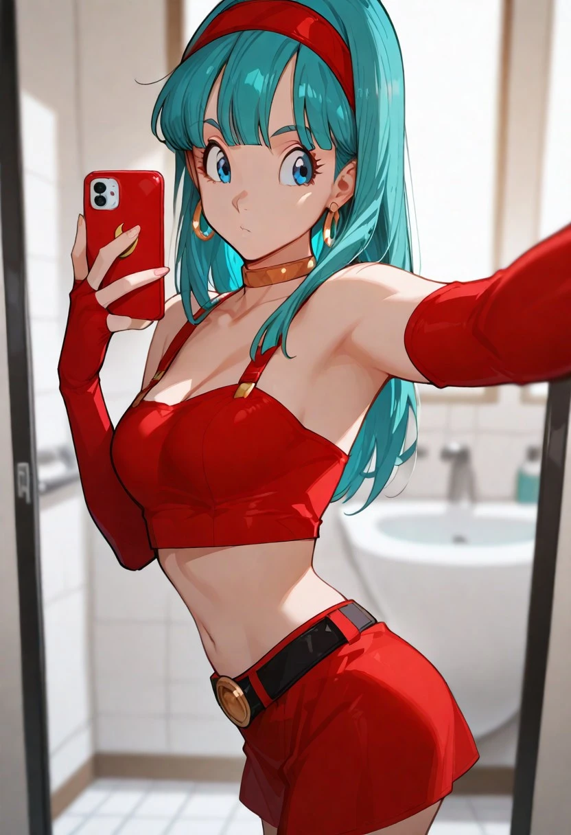 masterpiece, best quality, ultra-HD, high detail, depth of field, (blurred background), (dramatic lighting), very aesthetic,8k,
bulla, 1girl, solo, blue eyes, long hair, blue hair, bangs,
hairband, hoop earrings, red crop top, choker, elbow gloves, fingerless gloves, midriff, navel, belt, red skirt, thighhighs, breasts,ass, back view, selfie, bathroom, slender body, fit
