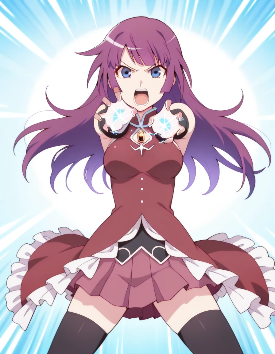 masterpiece, best quality, amazing quality,, <lora:hitagi-senjougahara-anime-illustriousxl-lora-nochekaiser:1>, hitagi senjougahara, bangs, long hair, blue eyes, purple hair, breasts, anime screencap, <lora:sakura-kyoko-cosplay-illustriousxl-lora-nochekaiser:1>, sakura kyoko cosplay, sakura kyoko (cosplay), black thighhighs, cosplay, detached sleeves, dress, frilled dress, frills, long sleeves, magical girl, miniskirt, pleated skirt, red dress, red skirt, sideboob, skirt, skirt under dress, sleeveless, sleeveless dress, thighhighs, zettai ryouiki,, <lora:kamehameha-illustriousxl-lora-nochekaiser:1>, kamehameha, kamehameha (dragon ball), open mouth, incoming attack, torn clothes, shouting, energy, energy beam, energy ball, electricity,, :x, open mouth, , ,