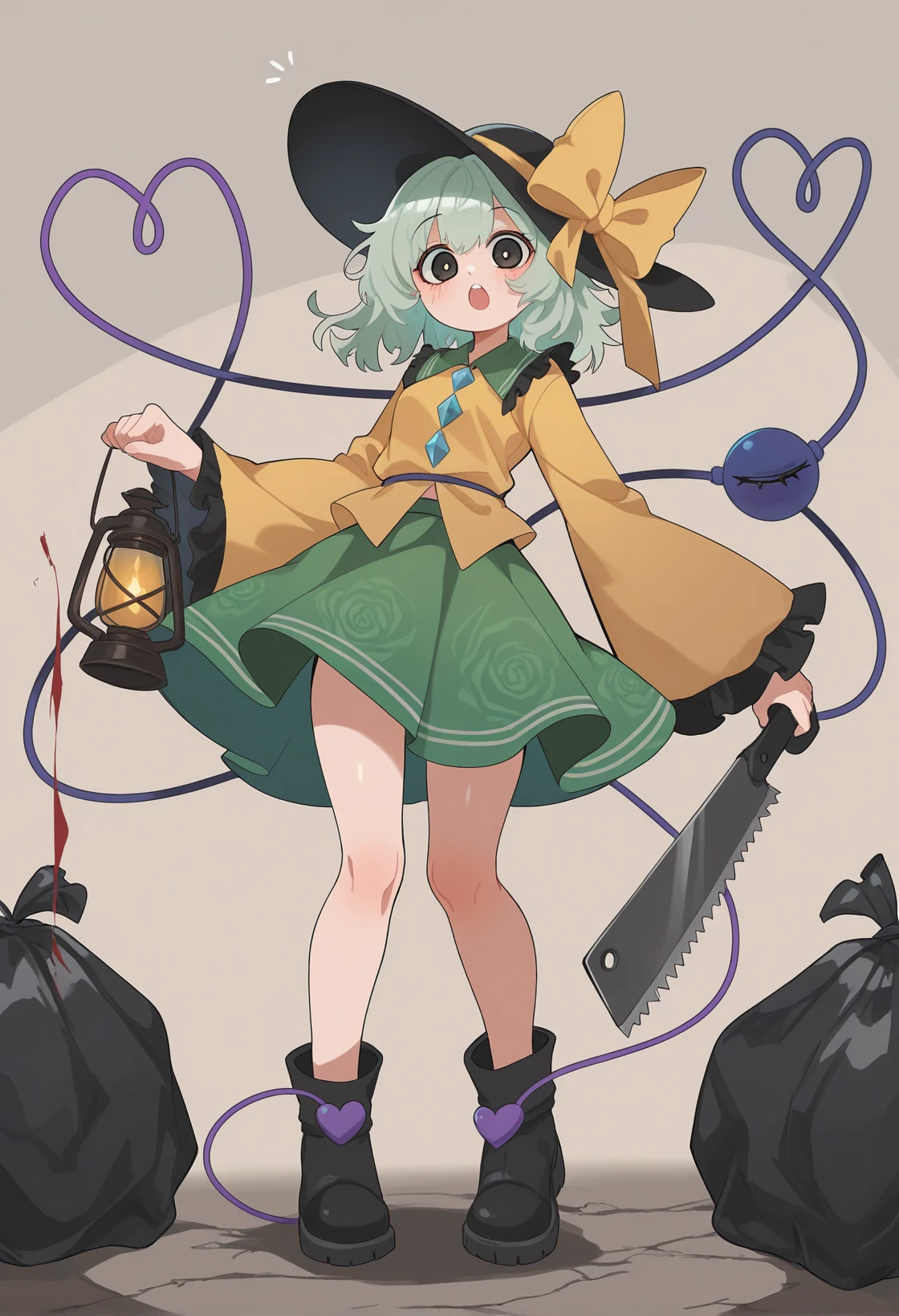 <lora:MCNsSlurp01:1> MCNs51uRq,komeiji koishi, 1girl, ankle boots, black eyes, black footwear, black hat, blood, blood trail, blouse, blush, boots, bow, buttons, diamond button, frilled shirt collar, frilled sleeves, frills, full body, green hair, green skirt, hat, hat bow, hat ribbon, heart, heart of string, holding, holding lantern, holding saw, lantern, looking at viewer, medium hair, open mouth, ribbon, saw, shirt, skirt, solo, third eye, trash bag, wide sleeves, yellow bow, yellow ribbon, yellow shirt,,,