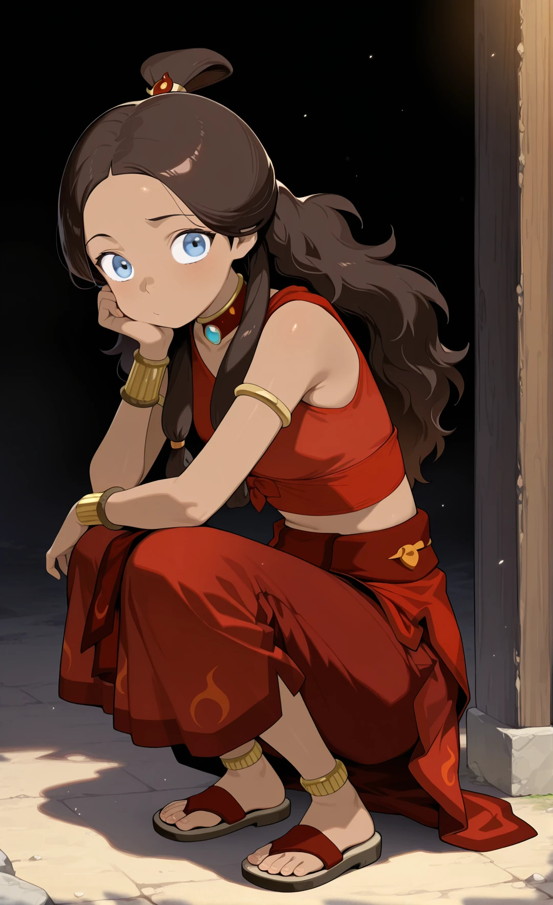 masterpiece,best quality,amazing quality, absurdres, solo, 1girl, <lora:IlluKatara:1> illukatara, dark-skinned female, brown hair, blue eyes, long hair, topknot, finaoutfit, midriff, armlet, armband, choker, dress, squatting, sandals,