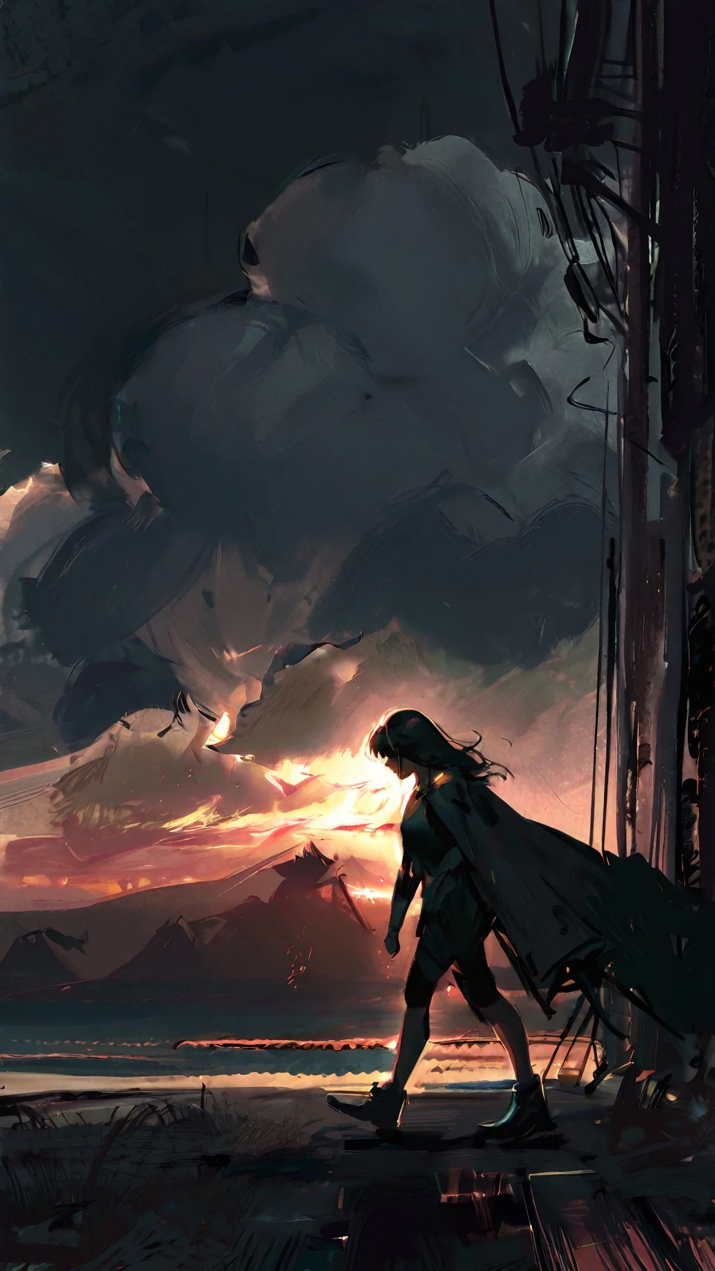 masterpiece, newest,absurdres,incredibly absurdres, best quality, amazing quality, very aesthetic, dark, volumetric lighting,
1girl, walking, horizon, exhausted, cumulonimbus cloud, 
 <lora:Face_Enhancer_Illustrious:1> <lora:Hunternif16:1>