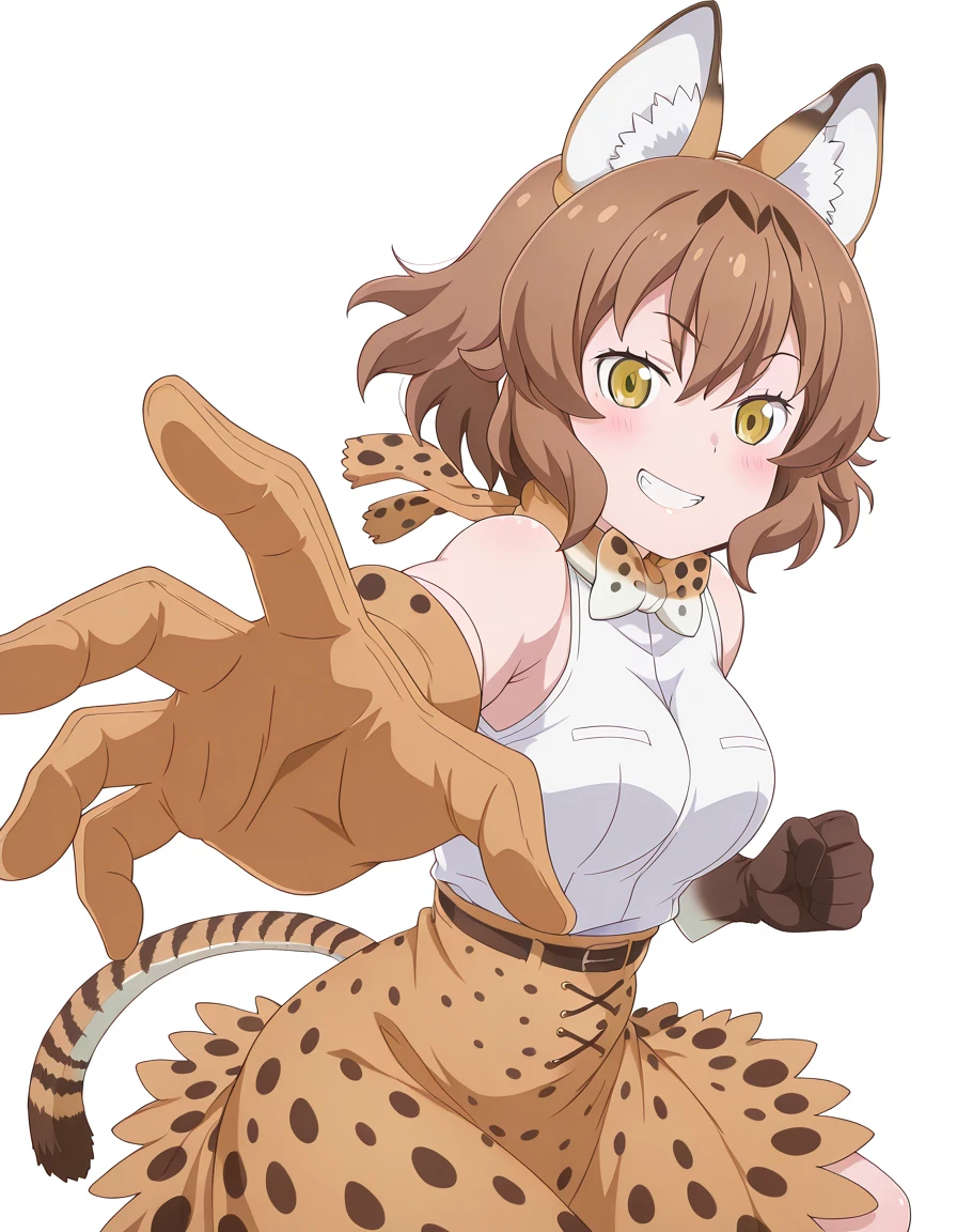 masterpiece, best quality, amazing quality,, <lora:anya-flomer-s5-illustriousxl-lora-nochekaiser:1>, anya flomer, short hair, bangs, brown hair, animal ears, hair between eyes, yellow eyes, cat ears, animal ear fluff, tail, cat tail, mature female, medium breasts, anime screencap, <lora:serval-cosplay-illustriousxl-lora-nochekaiser:1>, serval cosplay, serval (kemono friends) (cosplay), serval print, print bowtie, print bow, two-tone bowtie, orange bowtie, two-tone bow, print skirt, white bowtie, orange bow, animal ears, belt, cat ears, fake animal ears, gloves, leopard print, yellow skirt, white shirt, sleeveless, sleeveless shirt,, <lora:pepe-punch-illustriousxl-lora-nochekaiser:1>, pepe punch, looking at viewer, blush, smile, simple background, closed mouth, clenched fist, foreshortening, punching, incoming punch, incoming attack, grin, open mouth, <lora:transparent-background-illustriousxl-lora-nochekaiser:1>, transparent background, simple background, white background, ,
