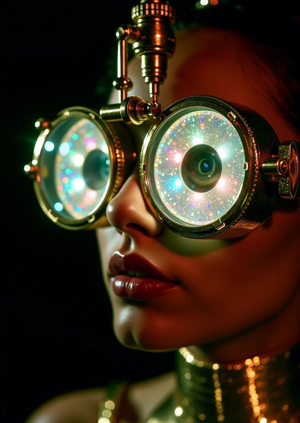 a woman getting an eye exam with a vintage phoroptor, her entire eye is visible looking through one viewport, the equipment is glowing shimmering with iridescent opal accents and gold futuristic chrome. Dramatic spotlight, retro-futuristic synthwave vibe, high detail, 8k, studio lighting, black background