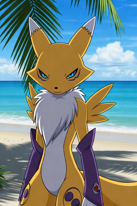r3n4m0n2003, the furry renamon fox girl is standing as she looking at viewer and close the eyes and then open, detailed background, black and blue eyes, anime animations, beach, water, relax place, palm tree, shadow place,
