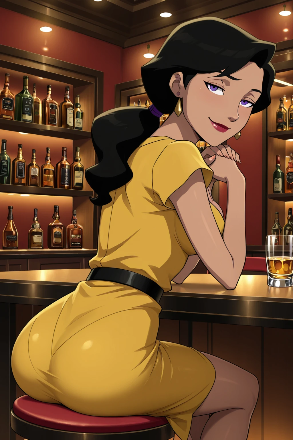 ((parody), perfect anatomy, perfect eyes, from behind) BREAK <lora:LoisLaneDCAMU:1> lois lane, black hair, ponytail, purple eyes, lipstick, naughty eyes, naughty face, soft smile, ((looking back at viewer)), jewelry, earrings, cleavage, yellow dress, short sleeves, black belt, teasing viewer, seducing viewer, showing off ass, sitting at table, hands clasped together, luxurious bar, alcohol, indoors