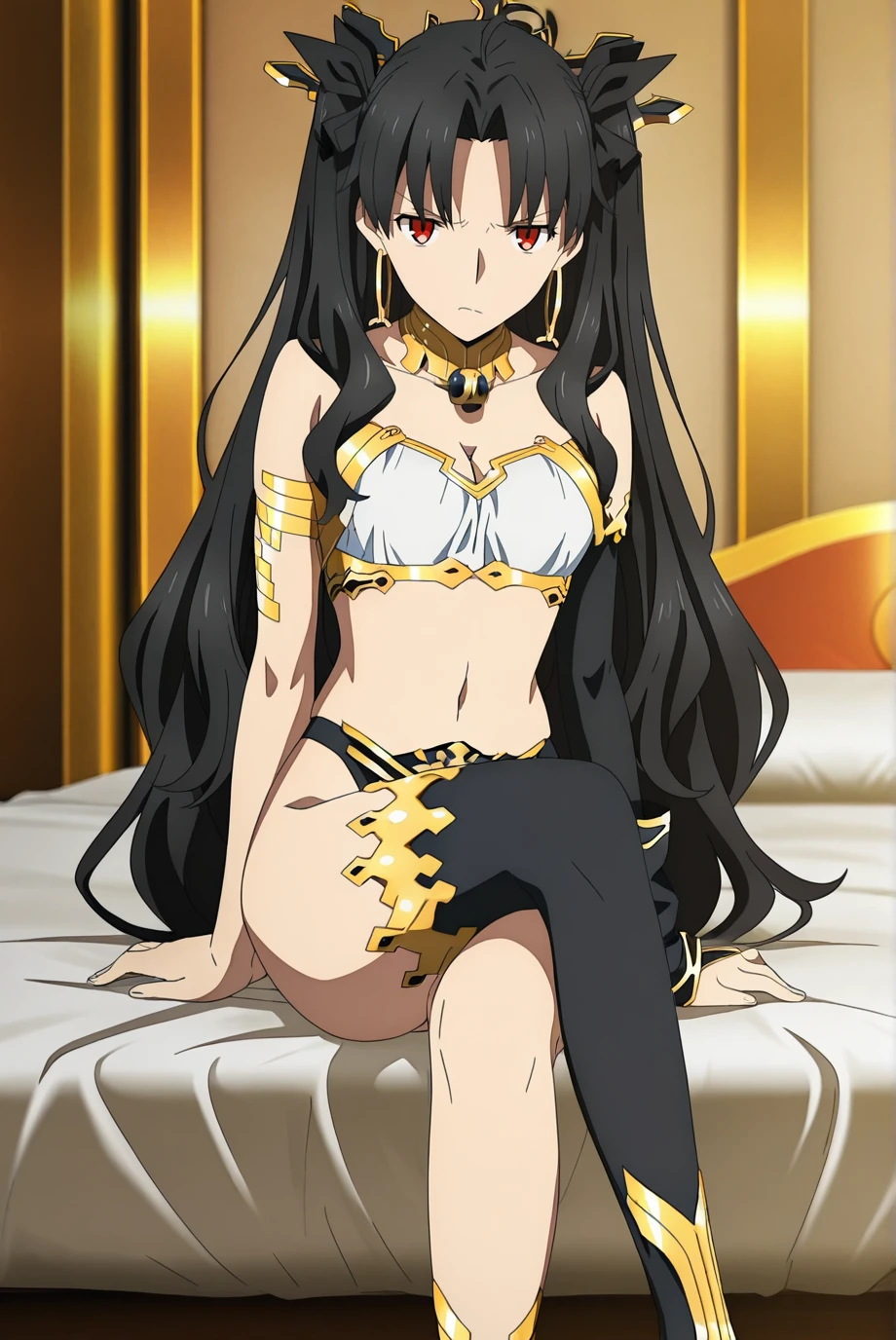 best quality, (masterpiece:1.2), detailed, blurry background, ishtar, 1girl, solo, open mouth, (blush), black hair, red eyes, two side up, black ribbon, crown, hoop earrings, white bikini top, black bikini bottom, gold trim, elbow gloves, thighhighs, asymmetrical legwear, on the bed in the room、Sensational poses、Provocative gaze、The body is wet with sweat、anime, Hyperrealism, anime style, UHD, retina, masterpiece, ccurate, anatomically correct, textured skin, super detail, high details, high quality, award winning, best quality, highres, 1080P, HD, 4K, 8k, 16k