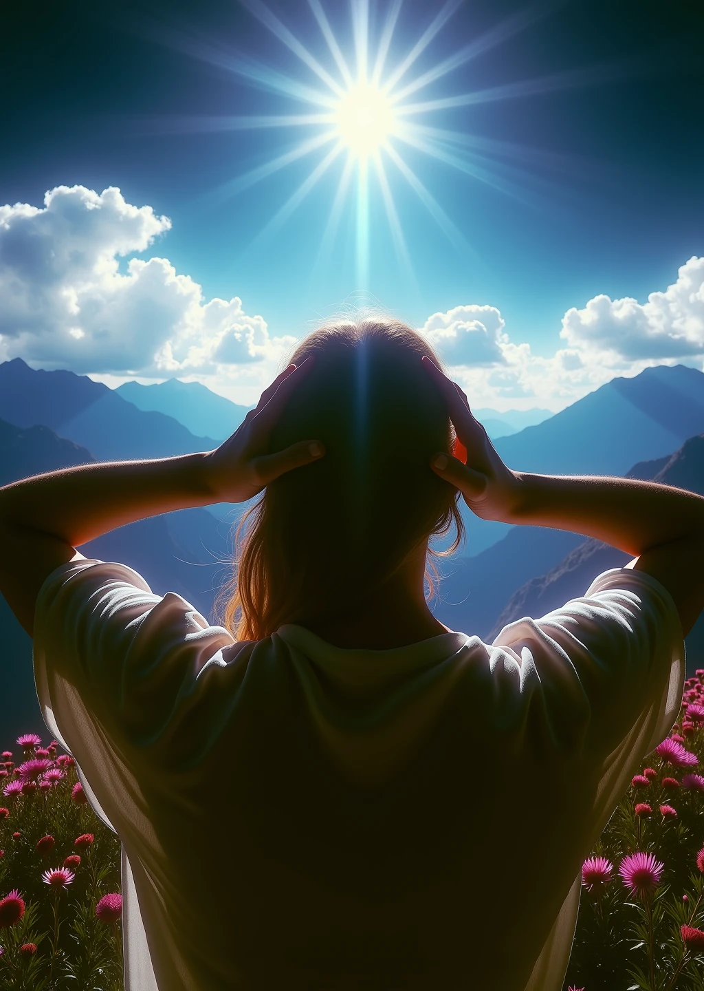 a photograph of a person from the back looking out into a distant scene of a mountain range with their hands on the sides of their head like they can't believe what they are seeing, they are surrounded by wildflowers, the sky is filled with puffy clouds and blue skies, glowing, shimmering, dramatic spotlight, retro-futuristic synthwave vibe, high detail, 8k, studio lighting, dark background