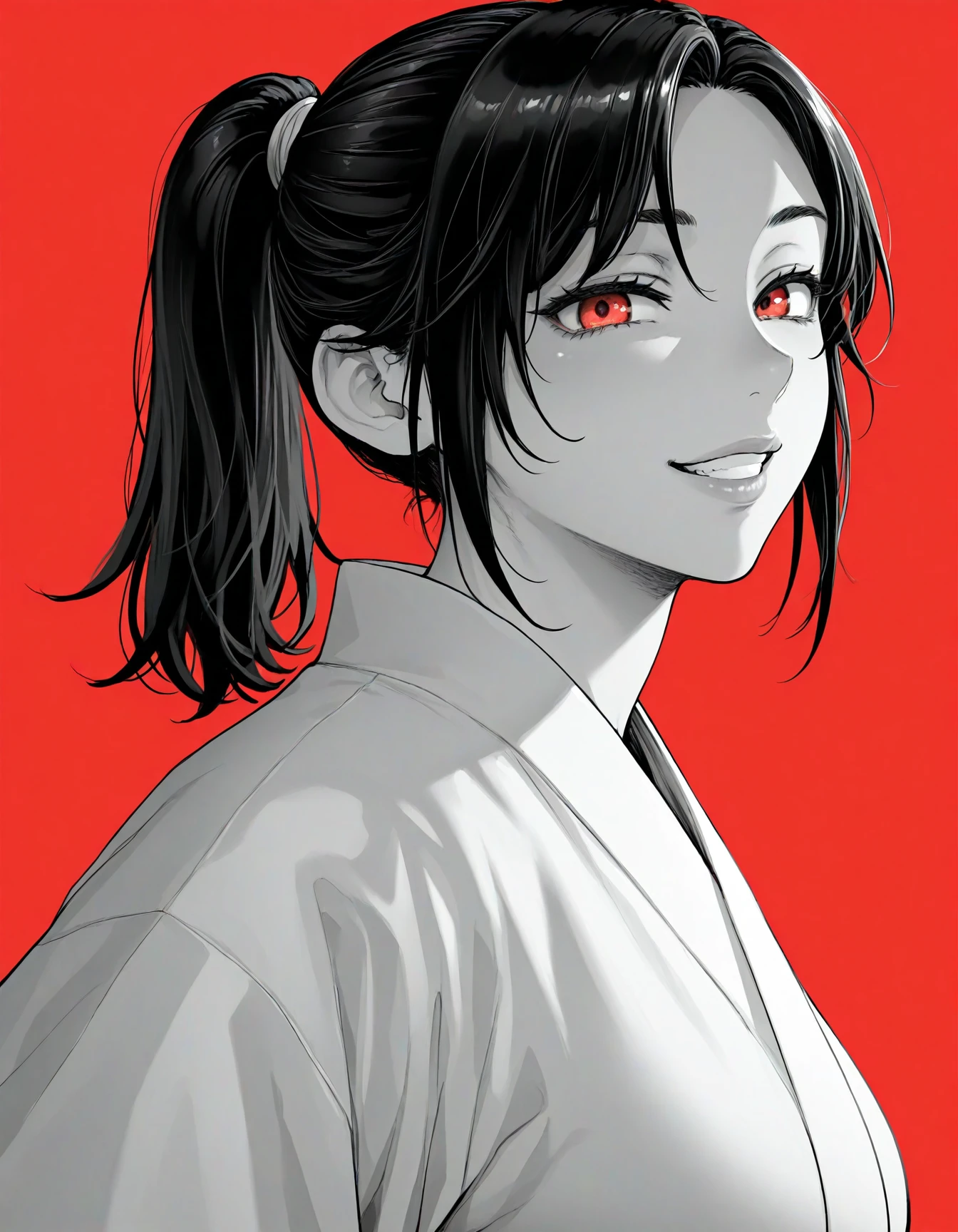 1girl, solo, general, grin, black hair, ponytail, red eyes, lips, kimono, red background, monochrome, masterpiece, highres, absurdres, detailed face, beautiful face, detailed eyes, beautiful eyes, shiny hair, newest, best quality, good quality, amazing quality, great quality, very awa