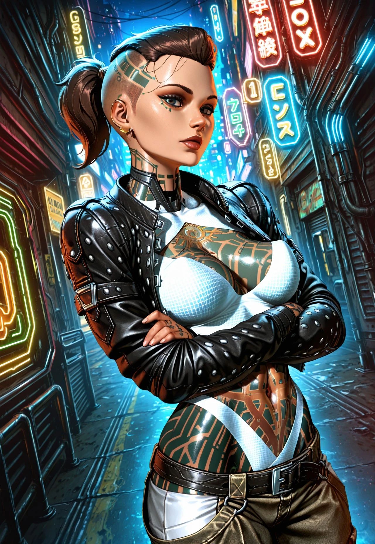 masterpiece, best quality, dynamic angle, 1girl, solo, jackmeaf, full-body tattoo, earring, brown hair, ponytail, shaved sides, leather jacket, white wrappings, perky breasts, cargo pants, arms crossed, looking at viewer, alleyway, neon lights, sci fi, cyberpunk, detailed scenery, night time, cinematic lighting