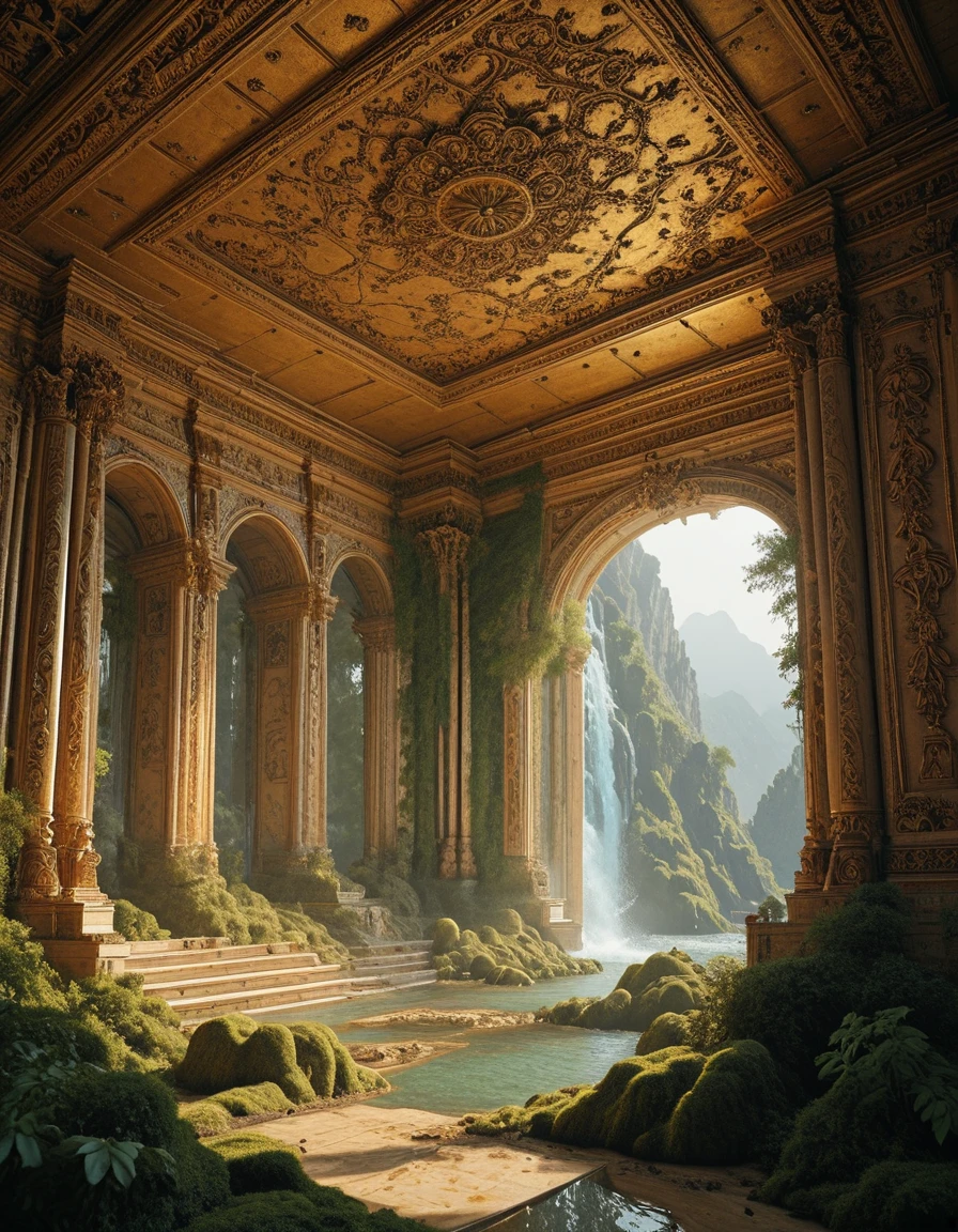 <lora:CW02_Lost_Officev2illb:1> cw02lost, multi level room, colorful, epic, anbiance, deep view, T10, landscape, mountains, waves, rocks, tree, vegetation, moss, rough sea, waterfall, ruins, sunset, orange, yellow, brown, tree leaves, autumn, sunset, visible warm sun shades, white marble,
epic scale lavishly ornate Baroque or Rococo-style room, where artistry and architectural elegance merge into a breathtaking visual experience. The focal point of the image is the magnificently painted ceiling, adorned with classical-style frescoes depicting mythological or allegorical figures â perhaps muses or deities â floating on soft, swirling clouds in a heavenly tableau. Their flowing garments and dynamic poses give the illusion of movement, drawing the eye upward and imparting a celestial grandeur.
The ceiling's painting's color palette is dominated by airy blues, whites, and warm earth tones that contrast beautifully with the rich, deeper hues of the characters' robes â emerald green, burgundy, and burnt sienna â enhancing the ethereal quality of the scene.
Descending from the ceiling, the upper walls are seamlessly blended into mural landscapes, featuring lush greenery, distant fields, and rustic figures, creating an immersive panorama that expands the perceived space. This illusionistic painting technique â reminiscent of trompe-l'Åil â contributes to a sense of being enveloped in another world.
The doorway in the image is a masterpiece of classical detailing: white and gold, with gilded ornaments and reliefs, flanked by sculpted figures and topped with a pediment that supports a cherubic statue. Above it, a gentle warm light illuminates the golden embellishments, making the room feel both divine and opulent.
To the right, luxurious drapery hangs from a window, made of rich brocade fabric in gold and crimson hues, completed with ornate tassels and a heavily adorned cornice of sculpted leaves and florals, echoing the gold leaf detailing throughout the room.
Overall, the room exudes a majestic, almost theatrical beauty, characteristic of European palatial architecture â a space where art, nature, and mythology are fused into one poetic environment.