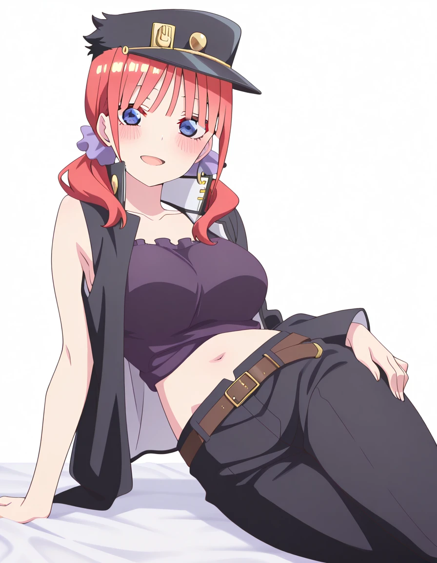 masterpiece, best quality, amazing quality,, <lora:nino-nakano-honeymoon-illustriousxl-lora-nochekaiser:1>, nino nakano, bangs, blue eyes, hair ornament, twintails, pink hair, blunt bangs, medium hair, scrunchie, eyebrows hidden by hair, purple scrunchie, mature female, breasts, anime screencap, <lora:kujo-jotaro-cosplay-illustriousxl-lora-nochekaiser:1>, kujo jotaro cosplay, kujo jotaro (cosplay), gakuran, cosplay, belt, black headwear, black jacket, black pants, high collar, multiple belts, pants, shirt,, <lora:hand-on-own-hip-on-side-illustriousxl-lora-nochekaiser:1>, hand on own hip on side, looking at viewer, blush, smile, navel, collarbone, lying, armpits, stomach, hand on hip, bed, bed sheet, arm support, on bed, on side, head rest, hand on own thigh, serious, open mouth, <lora:transparent-background-illustriousxl-lora-nochekaiser:1>, transparent background, simple background, white background, ,