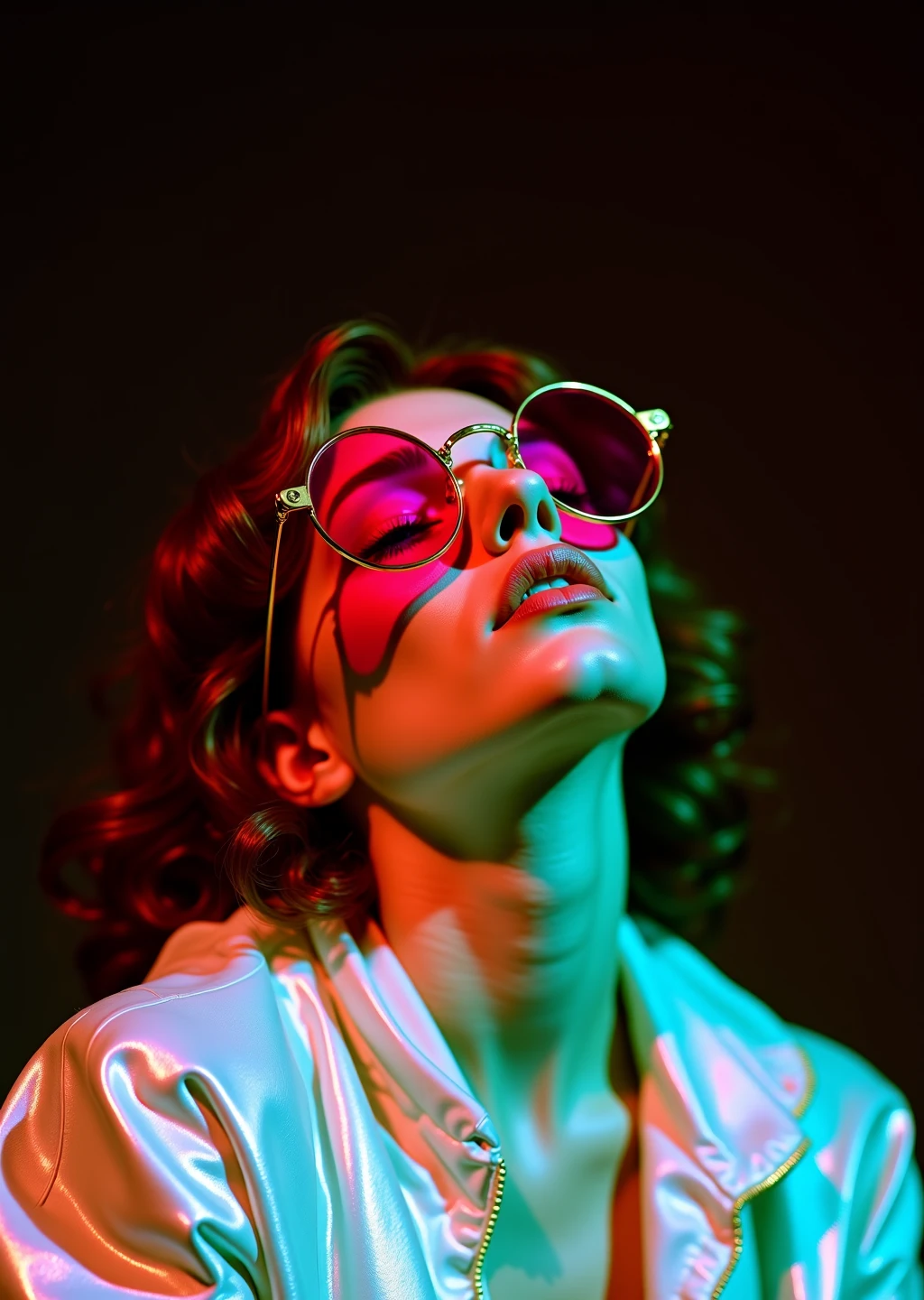 futuristic cinematic film photograph of a dynamic woman wearing sunglasses with round circle frames and deep red lenses, glowing, shimmering details with iridescent color accents. The details have a dramatic spotlight, retro-futuristic synthwave vibe, high detail, 8k, studio lighting, dark background.