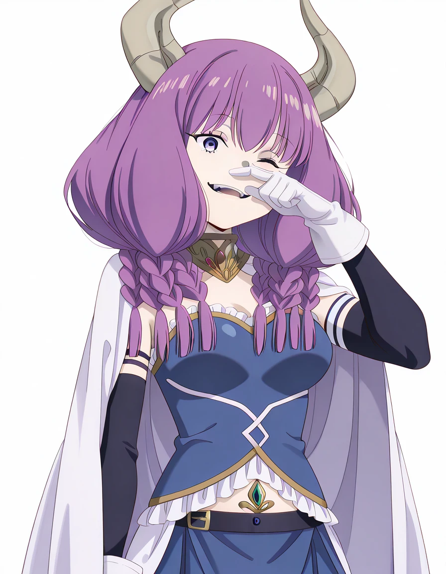 masterpiece, best quality, amazing quality,, <lora:aura-the-guillotine-s1-illustriousxl-lora-nochekaiser:1>, aura the guillotine, aura (sousou no frieren), long hair, purple eyes, purple hair, braid, horns, twin braids, mature female, medium breasts, anime screencap, <lora:miki-sayaka-cosplay-illustriousxl-lora-nochekaiser:1>, miki sayaka cosplay, miki sayaka (cosplay), belt, black sleeves, blue skirt, cape, cosplay, dress, gloves, gem, skirt, sleeveless, sleeveless dress, white cape, white gloves,, <lora:rubbing-nose-illustriousxl-lora-nochekaiser:1>, rubbing nose, looking at viewer, smile, one eye closed, hand up, teeth, star (symbol),, embarrassed, open mouth, <lora:transparent-background-illustriousxl-lora-nochekaiser:1>, transparent background, simple background, white background, ,