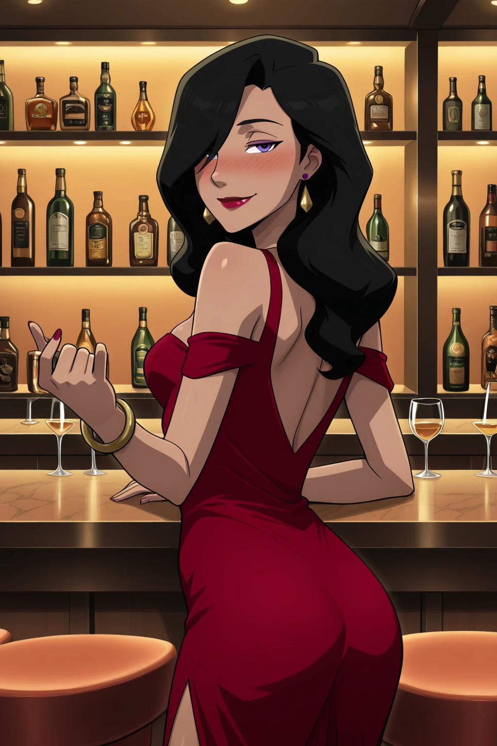 ((parody), perfect anatomy, perfect eyes, cowboy shot, from behind) BREAK <lora:LoisLaneDCAMU:1> lois lane, black hair, long hair, purple eyes, lipstick, naughty eyes, naughty face, soft smile, blush, drunk, ((looking back at viewer)), hair over one eye, jewelry, earrings, bracelet, cleavage, dress, red dress, teasing viewer, seducing viewer, relaxing at luxurious bar, beckoning to join, indoors