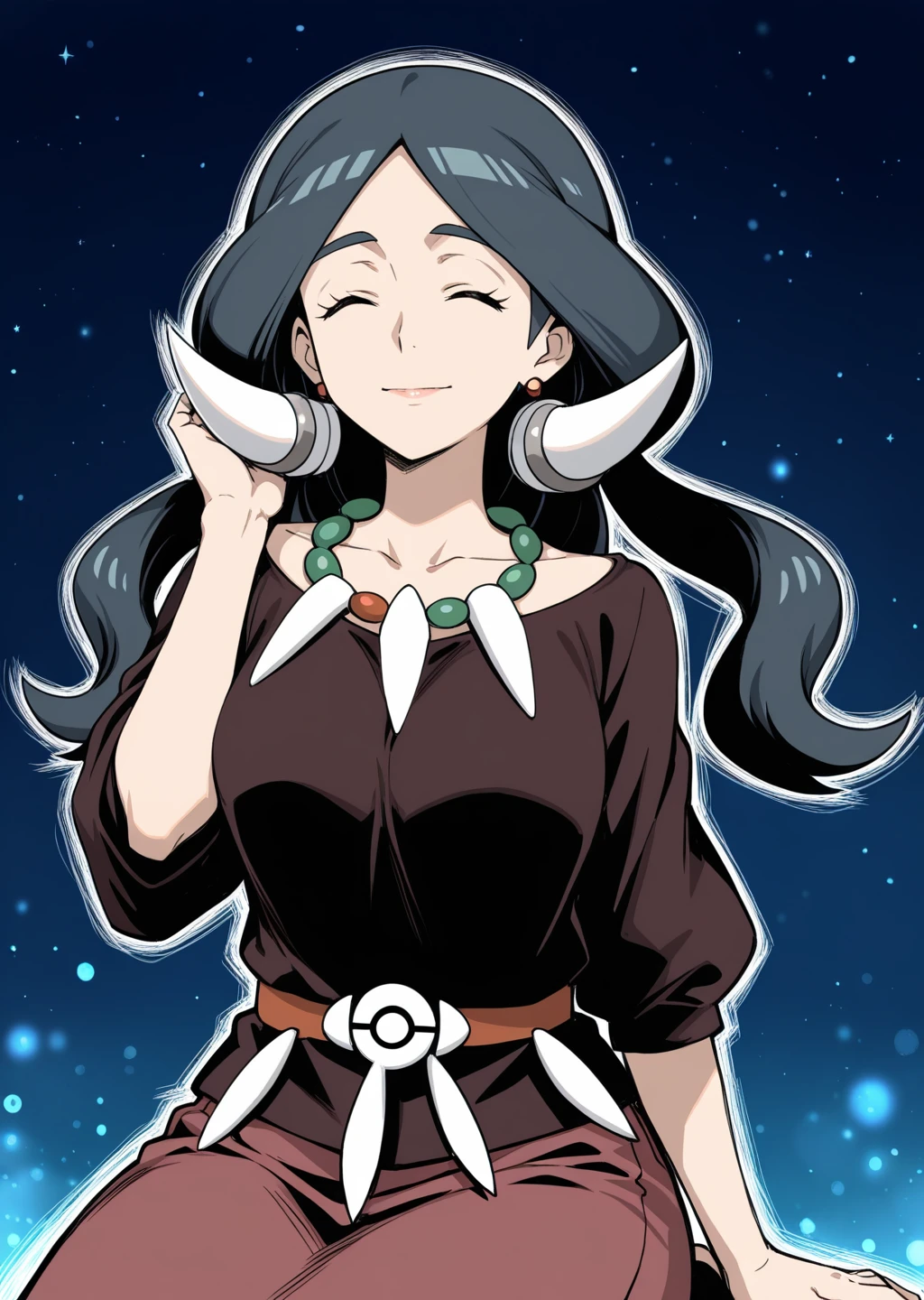 score_9, score_8_up, score_7_up, score_6_up, score_5_up, score_4_up, masterpiece,  detailed, high quality, BREAK, full body, 1girl, shiny skin,    <lora:Drasna (Pokemon X&Y) [Illustrious]:0.8> long hair, black hair, necklace, drasna (pokemon), drasna, eyes closed, hairpiece, closed eyes, mature female,