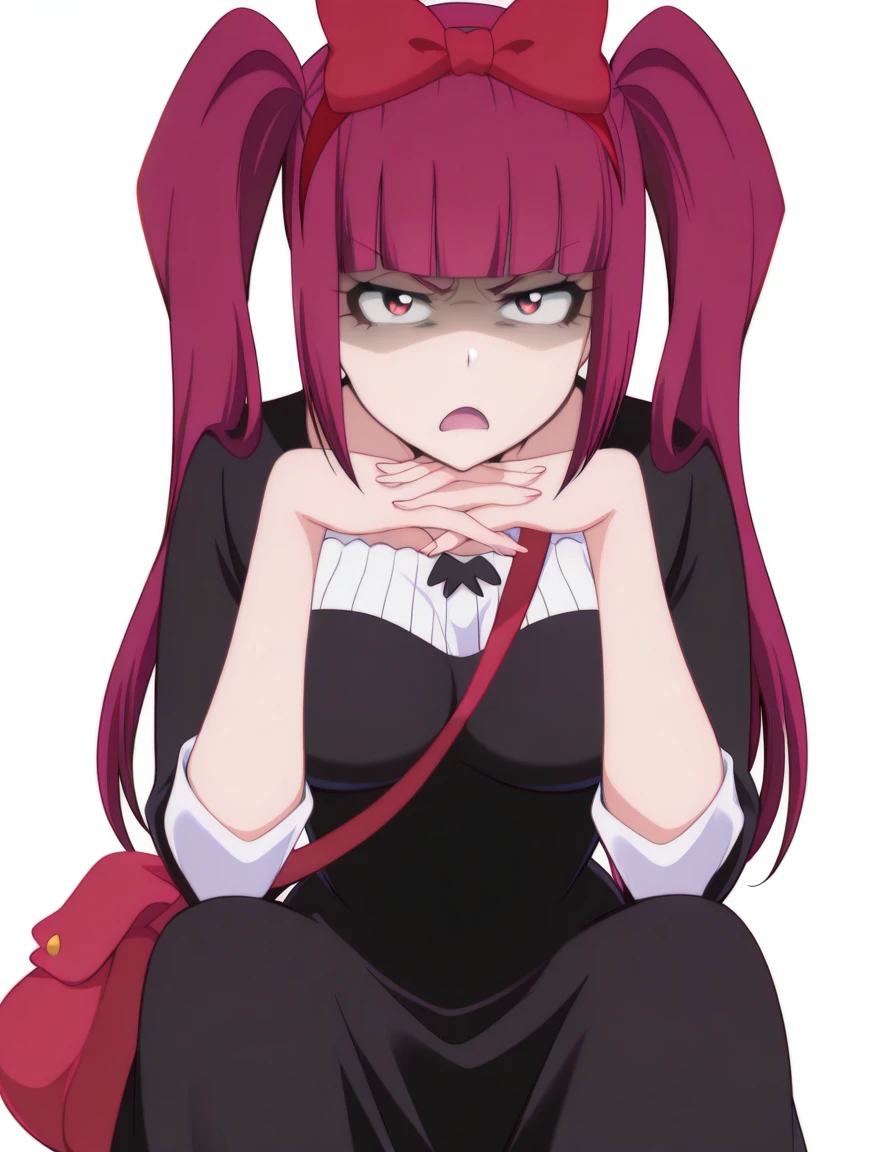 masterpiece, best quality, amazing quality,, <lora:riruka-dokugamine-anime-illustriousxl-lora-nochekaiser:1>, riruka dokugamine, long hair, twintails, red eyes, purple hair, bangs, blunt bangs, mature female, breasts, anime screencap,, <lora:witch-kiki-cosplay-illustriousxl-lora-nochekaiser:1>, witch kiki cosplay, kiki (majo no takkyuubin) (cosplay), bag, black dress, bow, bow hairband, cosplay dress, hairband, long dress, red bow, red hairband, shoulder bag, sleeves past elbows,, <lora:gendou-pose-illustriousxl-lora-nochekaiser:1>, gendou pose, own hands clasped, own hands together, parody, shaded face, looking at viewer, frown, elbow rest,, serious, open mouth, <lora:transparent-background-illustriousxl-lora-nochekaiser:1>, transparent background, simple background, white background, ,
