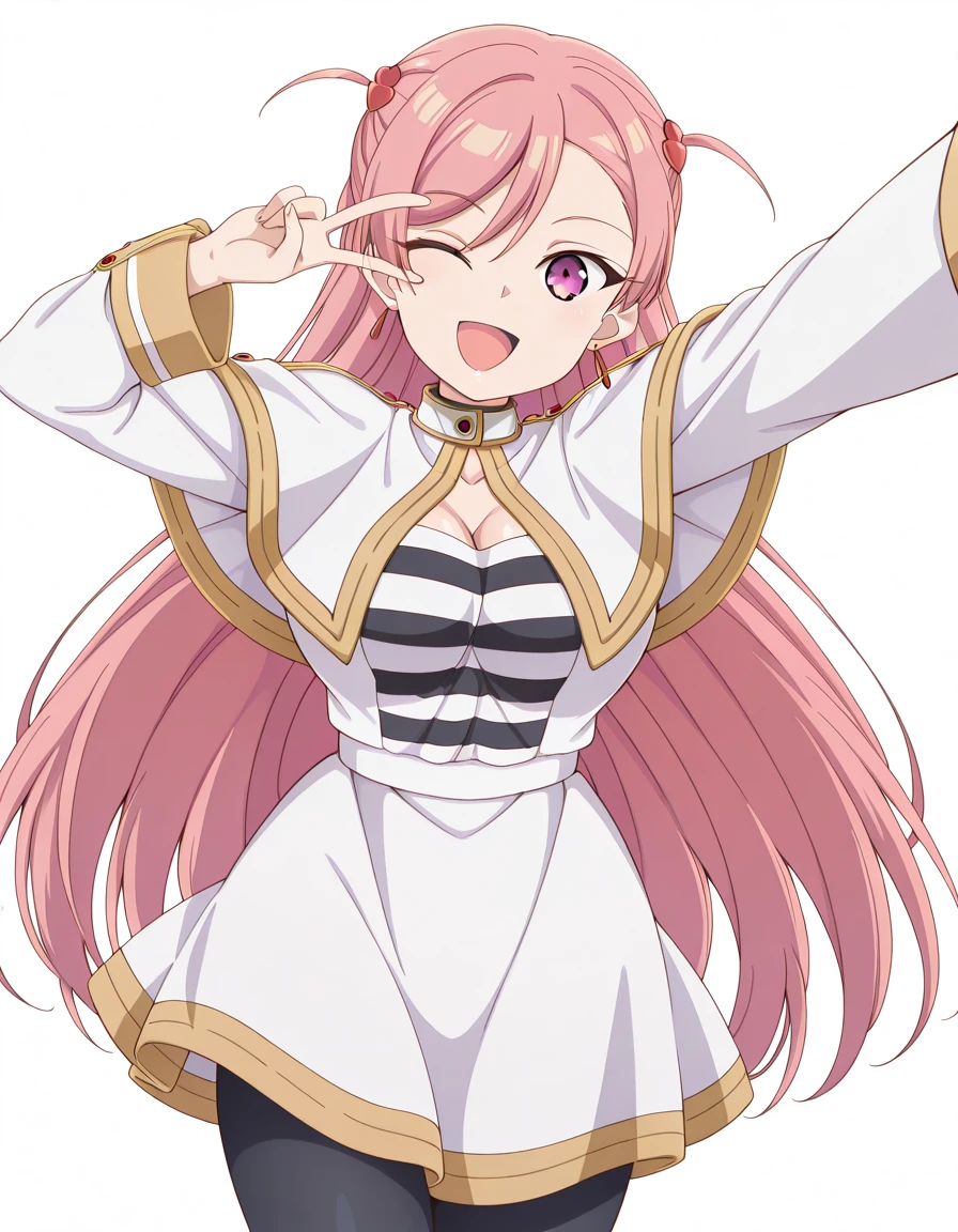 masterpiece, best quality, amazing quality,, <lora:maho-sakuramori-s1-illustriousxl-lora-nochekaiser:1>, maho sakuramori, long hair, bangs, very long hair, purple eyes, pink hair, pink eyes, two side up, hair ornament, heart hair ornament, mature female, breasts, anime screencap, <lora:frieren-cosplay-illustriousxl-lora-nochekaiser:1>, frieren cosplay, frieren (cosplay), shirt, long sleeves, jewelry, pantyhose, earrings, striped, black pantyhose, capelet, striped shirt, skirt, white skirt,, <lora:selfie-illustriousxl-lora-nochekaiser:1>, selfie, arm up, foreshortening, looking at viewer, outstretched arm, v, hand up, reaching, reaching towards viewer, smile, beach, navel, swimsuit, string bikini, one eye closed, open mouth,, slit_pupils, , <lora:transparent-background-illustriousxl-lora-nochekaiser:1>, transparent background, simple background, white background, ,