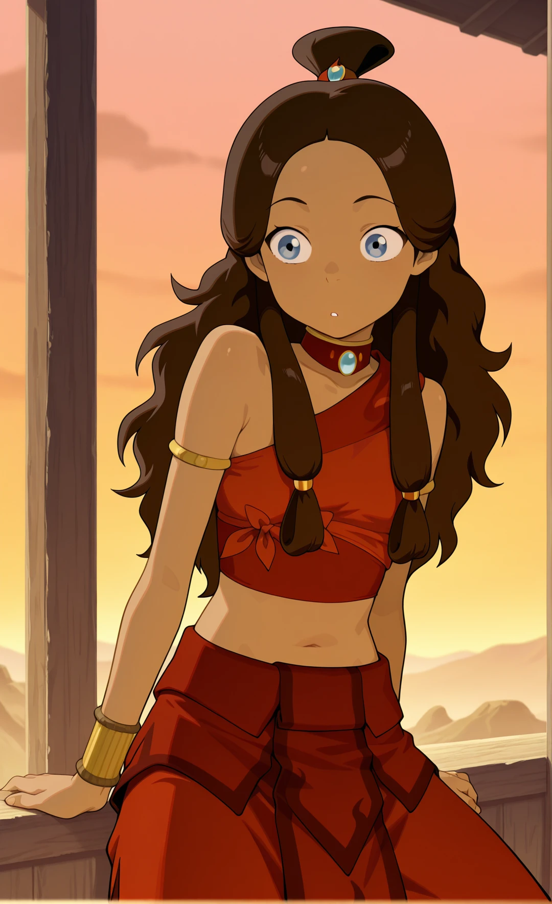 masterpiece,best quality,amazing quality, absurdres, solo, 1girl, <lora:IlluKatara:1> illukatara, dark-skinned female, brown hair, blue eyes, long hair, topknot, finaoutfit, midriff, armlet, armband, choker, skirt,