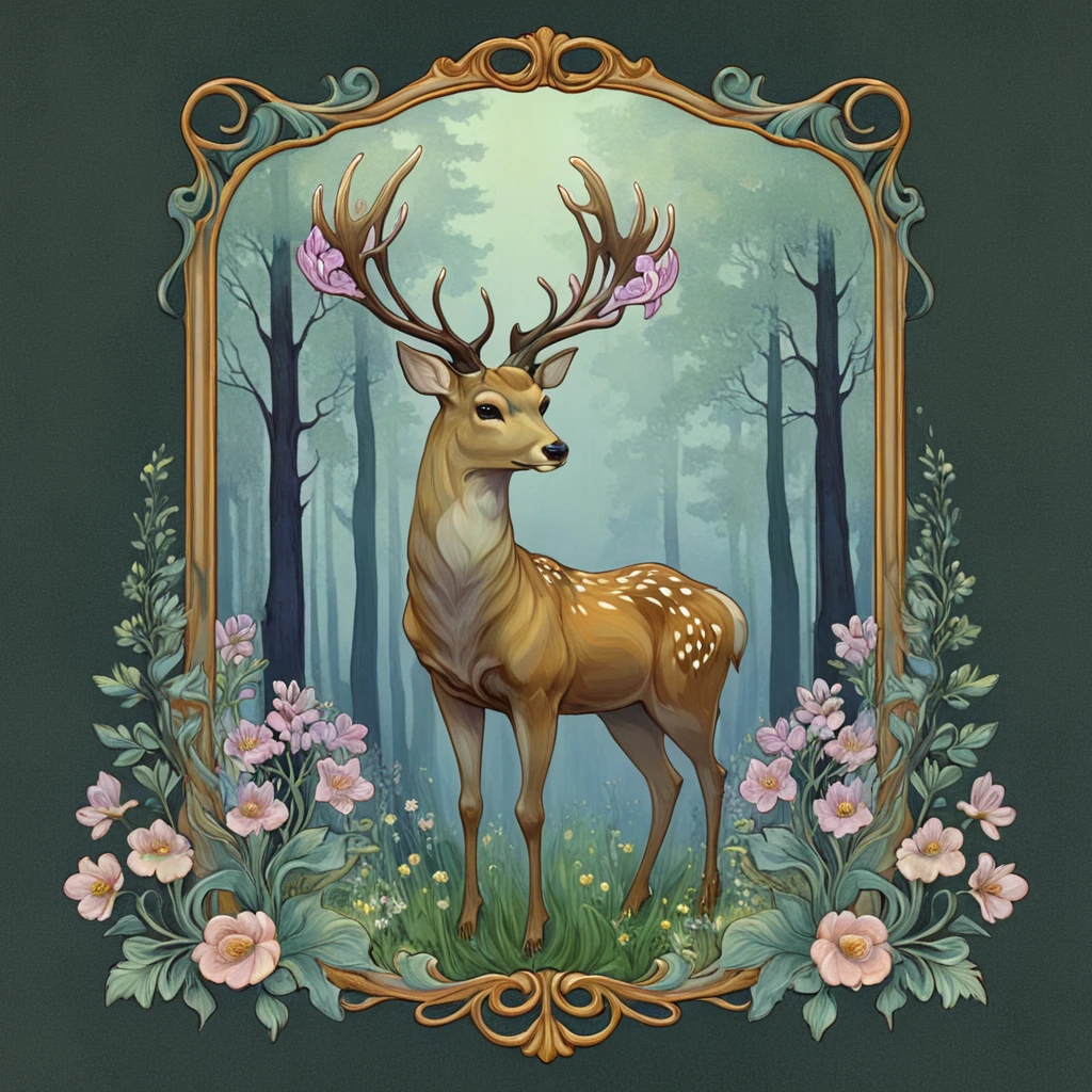 <lora:ArtNoveauMJ7SDXL:1> ArsMJStyle, Art Nouveau,, The image shows a painting of a deer standing in a frame surrounded by trees and flowers., no humans, deer, flower, antlers, nature, tree, solo, full body, animal, forest