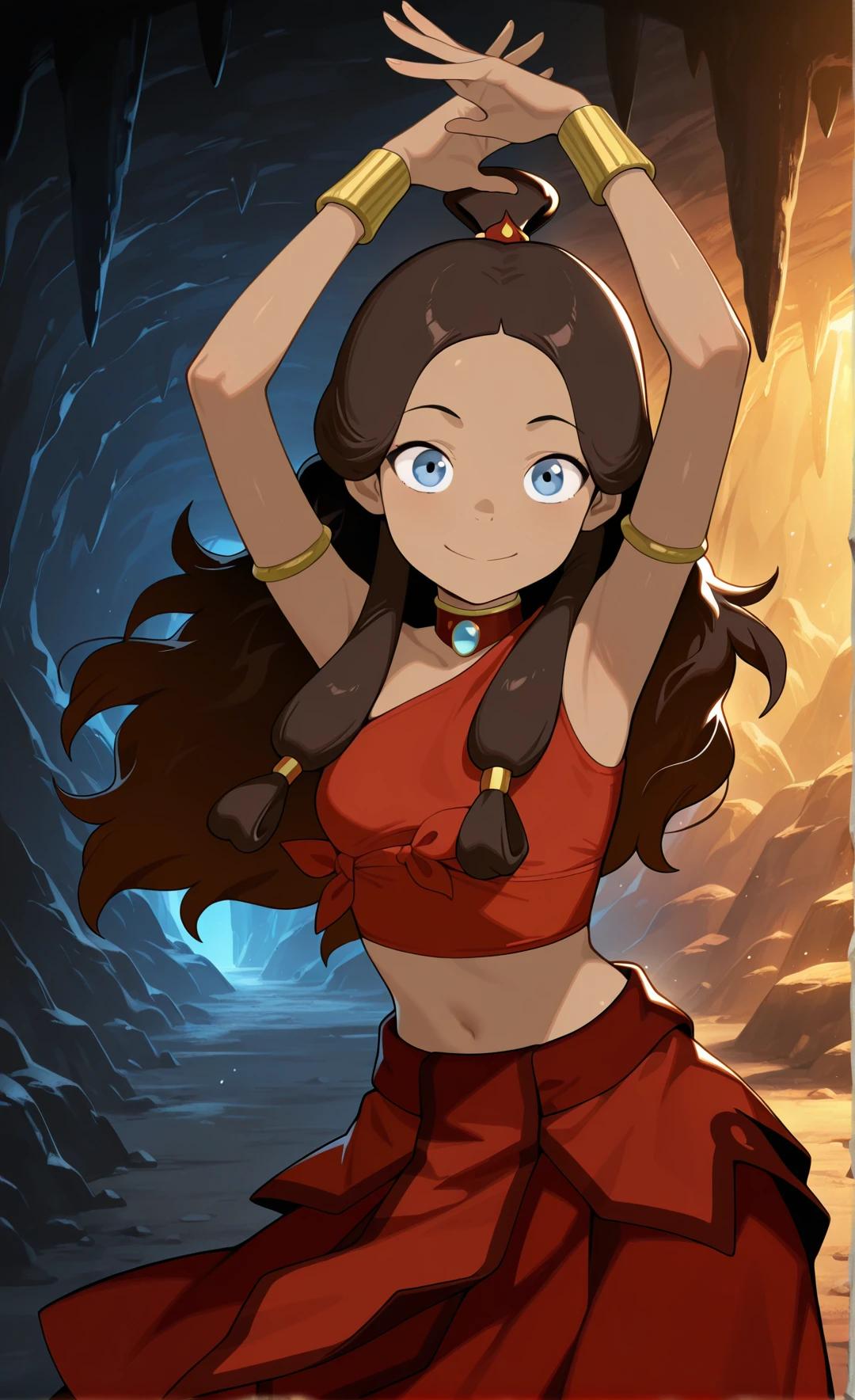 masterpiece,best quality,amazing quality, absurdres, solo, 1girl, <lora:IlluKatara:1> illukatara, dark-skinned female, brown hair, blue eyes, long hair, topknot, finaoutfit, midriff, armlet, armband, choker, skirt, smile, dancing, cave, looking at viewer,