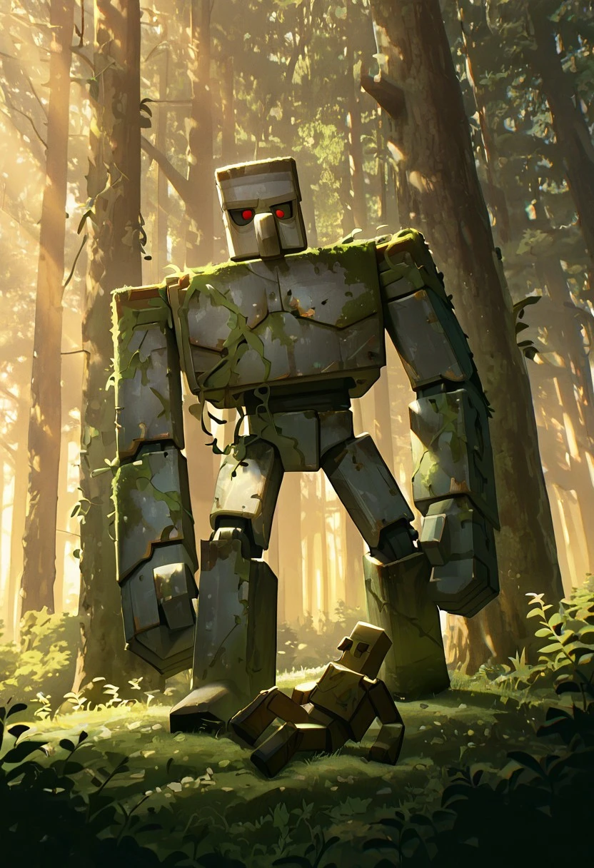 masterpiece, best quality, amazing quality, very aesthetic, absurdres, newest, cinematic, movie scene, foreground blur, detailed background, 
ironglem, no humans, , black sclera, red pupils,  standing, solo, robot, big nose, long nose, no mouth, plant, grey metal body, vines, mecha, moss, ,  thick gray monobrow, big arms, 
in forest, sun rays, no eyes, no pupils, rusty robot, rust, laying on tree, back on tree, on ground, sitting legs, sitting on ground, black pupils, dead, bright forest, golden hour,