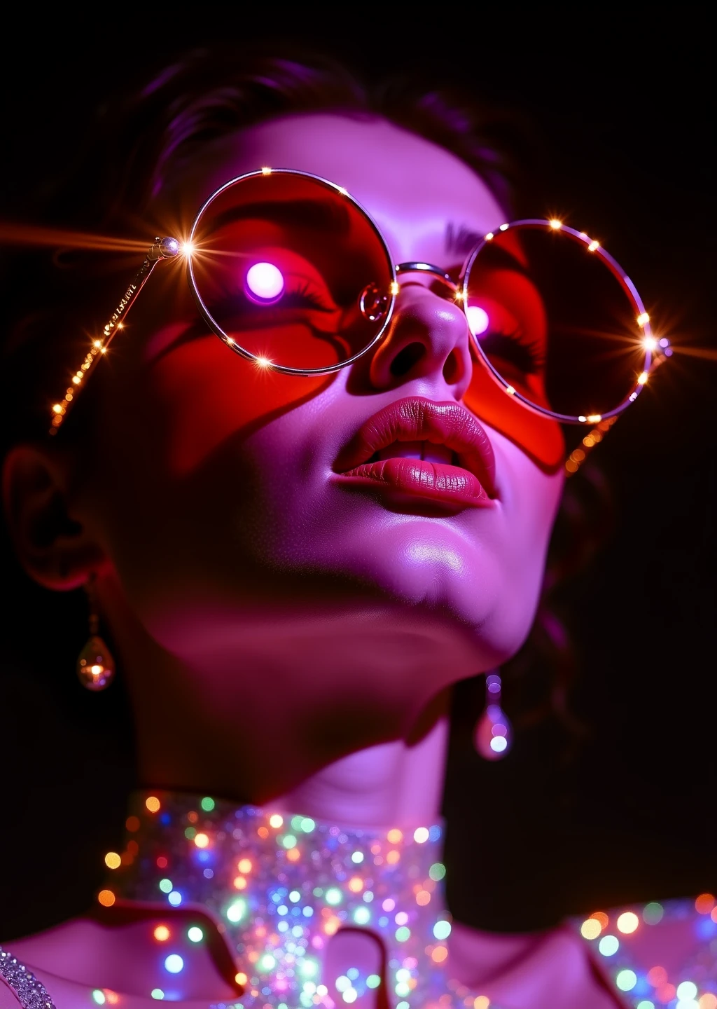 futuristic cinematic film photograph of a dynamic woman wearing sunglasses with round circle frames and deep red lenses, glowing, shimmering details with iridescent color accents. The details have a dramatic spotlight, retro-futuristic synthwave vibe, high detail, 8k, studio lighting, dark background.