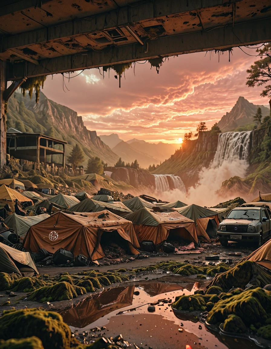 <lora:CW02_Lost_Officev2illb:1> homeless tents, tents, abandonned car garage, no car lights, car wreck, wet, wet spots, dirty, very dark foreground, moss, pink light on the background, kanji, window, vegetation, car pileup, T10, landscape, mountains, waves, rocks, tree, vegetation, moss, rough sea, waterfall, ruins, sunset, blue, orange, yellow, brown, SE14, fire, crumbled ground, fire veins, bokeh, HID15, HID16, hell monster, open jaw, glowing eyes, furious, breaking in, burning, claws, enormous, huge,