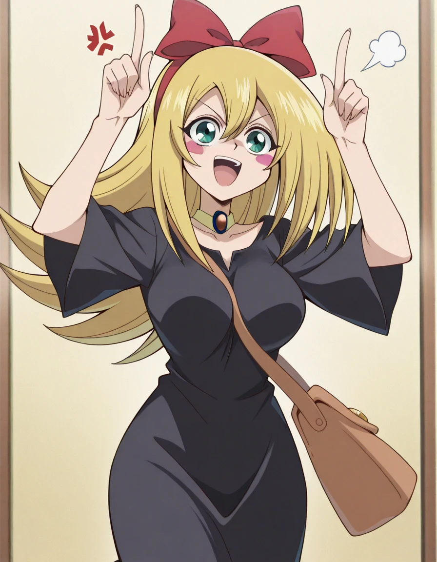 masterpiece, best quality, amazing quality,, <lora:dark-magician-girl-anime-illustriousxl-lora-nochekaiser:1>, dark magician girl, blonde hair, choker, green eyes, long hair, blush, blush stickers, breasts, mature female, anime screencap, <lora:witch-kiki-cosplay-illustriousxl-lora-nochekaiser:1>, witch kiki cosplay, kiki (majo no takkyuubin) (cosplay), bag, black dress, bow, bow hairband, cosplay dress, hairband, long dress, red bow, red hairband, shoulder bag, sleeves past elbows,, <lora:horns-pose-illustriousxl-lora-nochekaiser:1>, horns pose, index fingers raised, angry, steam, open mouth, shouting, anger vein, cowboy shot, hands up,, smile, , , ,
