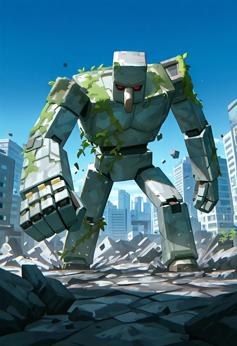 masterpiece, best quality, amazing quality, very aesthetic, absurdres, newest, cinematic, movie scene, foreground blur, volumetric lighting,
ironglem, no humans, red eyes, black sclera, red pupils, standing, solo, robot, big nose, long nose, no mouth, plant, grey metal body, vines, mecha, moss, , thick gray monobrow,
punching ground, ground slam, shattered ground, debris, city, blue sky, daytime, bright day,