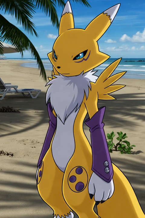 r3n4m0n2003, the furry renamon fox girl is standing as she looking at viewer and kiss the view as she blushes, detailed background, black and blue eyes, anime animations, beach, water, relax place, palm tree, shadow place,