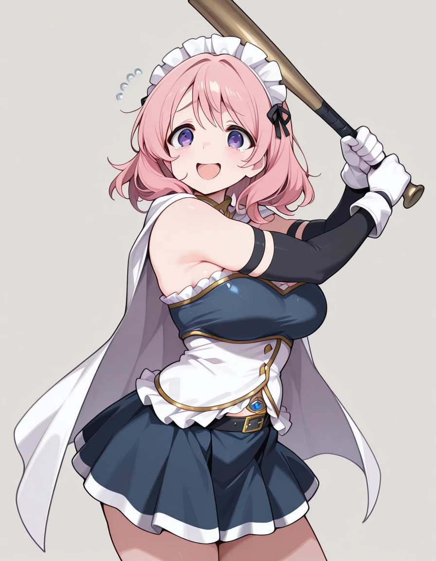 masterpiece, best quality, amazing quality,, <lora:CivChan:1>, CivChan, purple eyes, pink hair, mature female, breasts, maid headdress,, <lora:miki-sayaka-cosplay-illustriousxl-lora-nochekaiser:1>, miki sayaka cosplay, miki sayaka (cosplay), belt, black sleeves, blue skirt, cape, cosplay, dress, gloves, gem, skirt, sleeveless, sleeveless dress, white cape, white gloves,, <lora:batting-stance-illustriousxl-lora-nochekaiser:1>, batting stance, looking at viewer, smile, open mouth, baseball bat, holding baseball bat, sad, open mouth, , ,