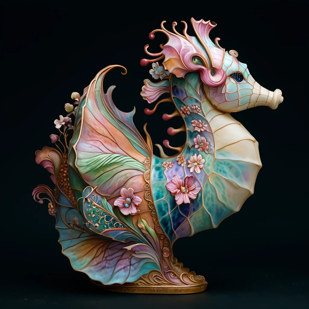 Score_9, score_8_up, score_7_up, score_6_up, BREAK <lora:ArtNoveauMJ7Pony:1> ArsMJStyle, Art Nouveau,, The image shows a seahorse with a vibrant array of flowers on its back set against a black background. The colors of the flowers range from bright pinks and purples to deep blues and greens creating a beautiful and eye-catching piece of art., no humans, black background, simple background, flower, blue eyes, profile, from side, solo, leaf, pink flower