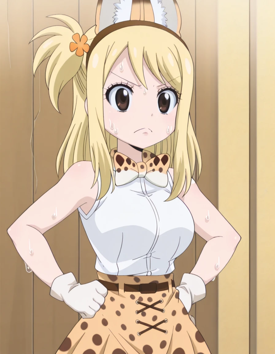 masterpiece, best quality, amazing quality,, <lora:lucy-heartfilia-s1s3s7-illustriousxl-lora-nochekaiser:1>, lucy heartfilia, hair ornament, one side up, long hair, blonde hair, brown eyes, mature female, breasts, anime screencap, <lora:serval-cosplay-illustriousxl-lora-nochekaiser:1>, serval cosplay, serval (kemono friends) (cosplay), serval print, print bowtie, print bow, two-tone bowtie, orange bowtie, two-tone bow, print skirt, white bowtie, orange bow, animal ears, belt, cat ears, fake animal ears, gloves, leopard print, yellow skirt, white shirt, sleeveless, sleeveless shirt,, <lora:kung-fu-illustriousxl-lora-nochekaiser:1>, kung fu, martial arts, training, fighting stance, cowboy shot, hand on own hips, sweating_profusely, , , ,