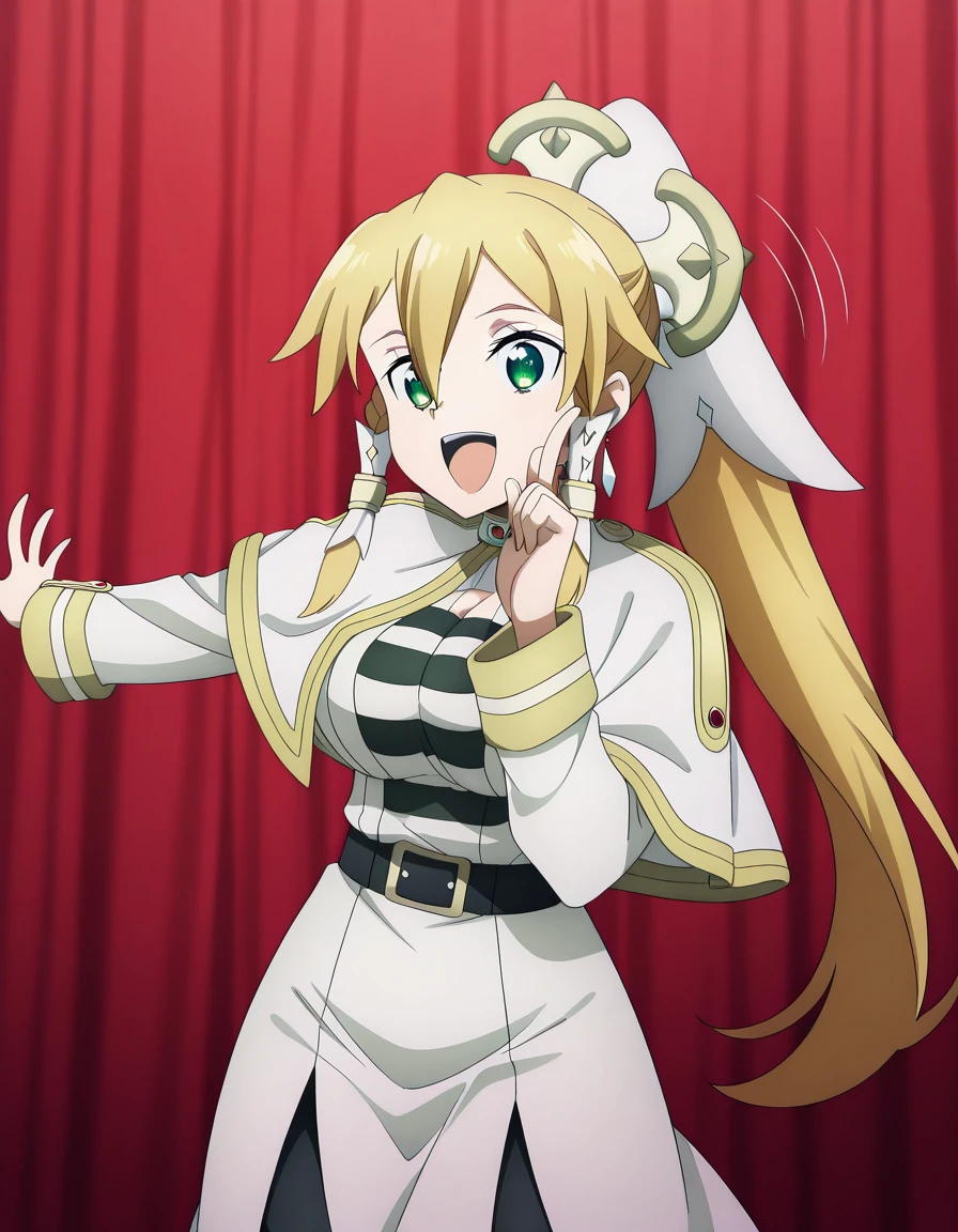 masterpiece, best quality, amazing quality,, <lora:suguha-kirigaya-s3-illustriousxl-lora-nochekaiser:1>, suguha kirigaya, leafa (sao), long hair, blonde hair, hair ornament, green eyes, ponytail, hair tubes, mature female, breasts, anime screencap,, <lora:frieren-cosplay-illustriousxl-lora-nochekaiser:1>, frieren cosplay, frieren (cosplay), shirt, long sleeves, jewelry, pantyhose, earrings, striped, black pantyhose, capelet, striped shirt, skirt, white skirt,, <lora:hoshino-ruby-dance-illustriousxl-lora-nochekaiser:1>, hoshino ruby dance, finger wagging, index finger raised, dancing, outstretched arm, cowboy shot, smile, open mouth,, screaming, , , ,