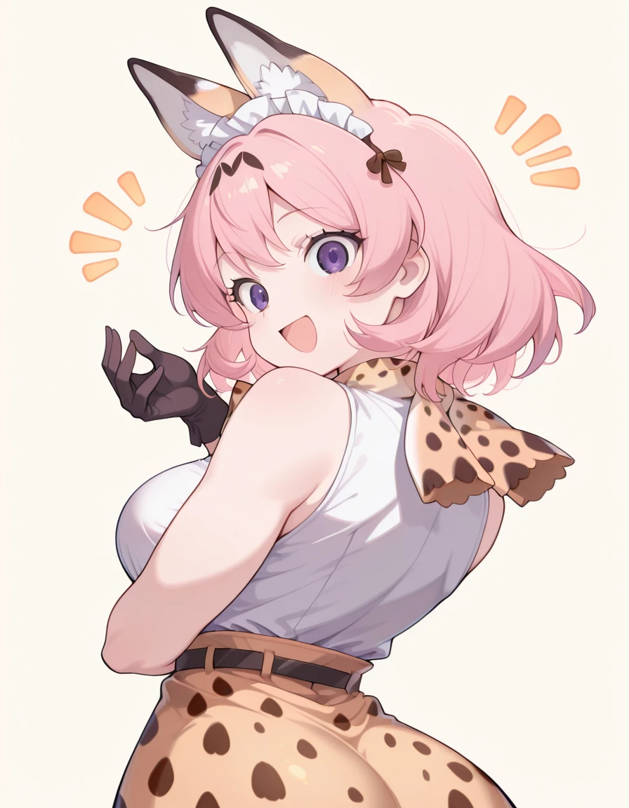 masterpiece, best quality, amazing quality,, <lora:CivChan:1>, CivChan, purple eyes, pink hair, mature female, breasts, maid headdress,, <lora:serval-cosplay-illustriousxl-lora-nochekaiser:1>, serval cosplay, serval (kemono friends) (cosplay), serval print, print bowtie, print bow, two-tone bowtie, orange bowtie, two-tone bow, print skirt, white bowtie, orange bow, animal ears, belt, cat ears, fake animal ears, gloves, leopard print, yellow skirt, white shirt, sleeveless, sleeveless shirt,, <lora:dio-brandos-pose-illustriousxl-lora-nochekaiser:1>, dio brandos pose, dio brando's pose (jojo), back, ass, from behind, jojo pose, standing, upper body, :d, open mouth, , ,
