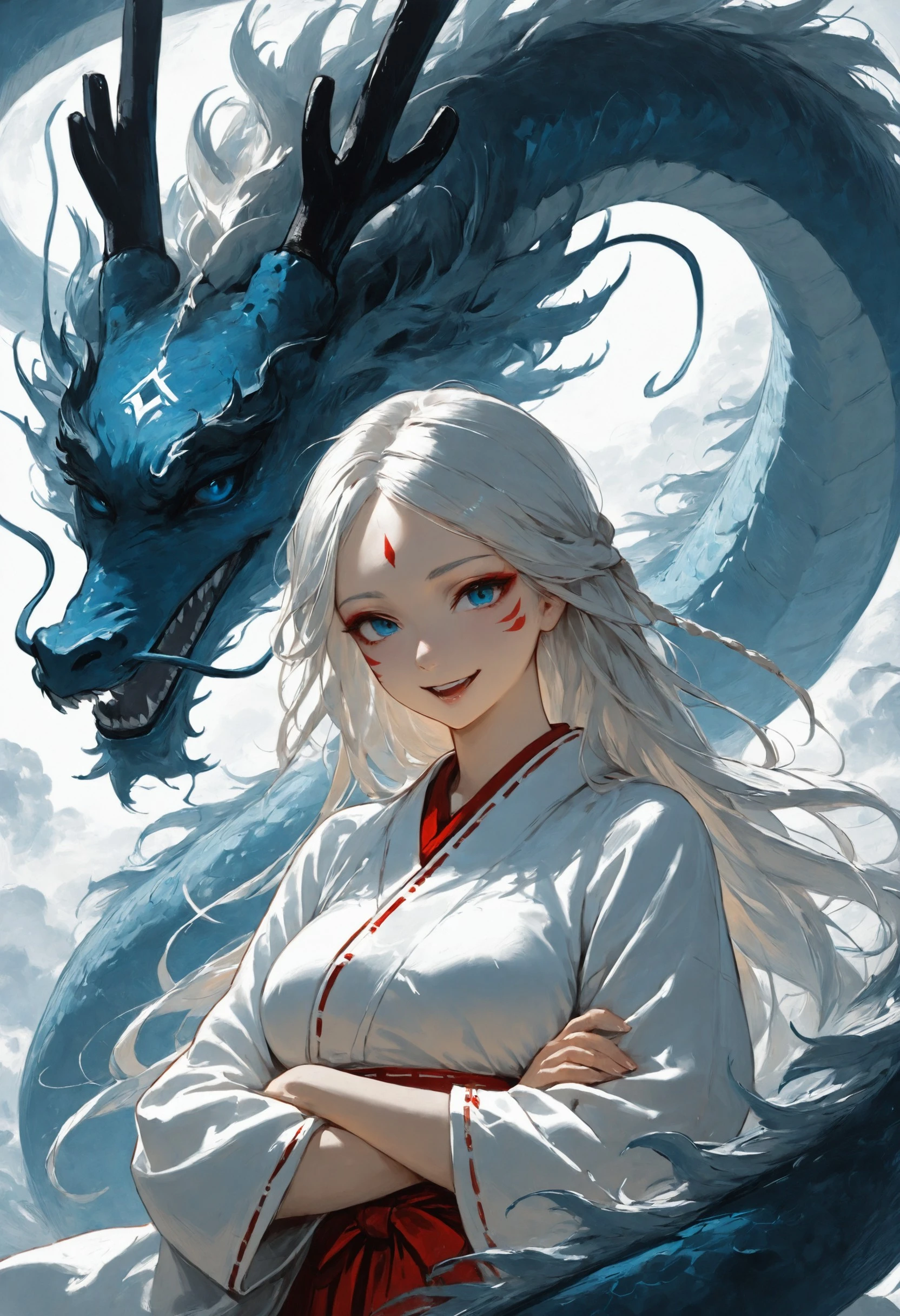 mgh2, 1girl, dragon, facial mark, long hair, white hair, blue eyes, japanese clothes, open mouth, smile, miko, crossed arms, braid, eastern dragon, solo, looking at viewer, teeth, forehead mark, deep shadows, potrait, masterfully drawn, masterpiece, amazing quality, beautifully painted, elegantly detailed, very aesthetic, , <lora:113385dd-68b6-4450-ad8a-477dc209ec78:0.9>
