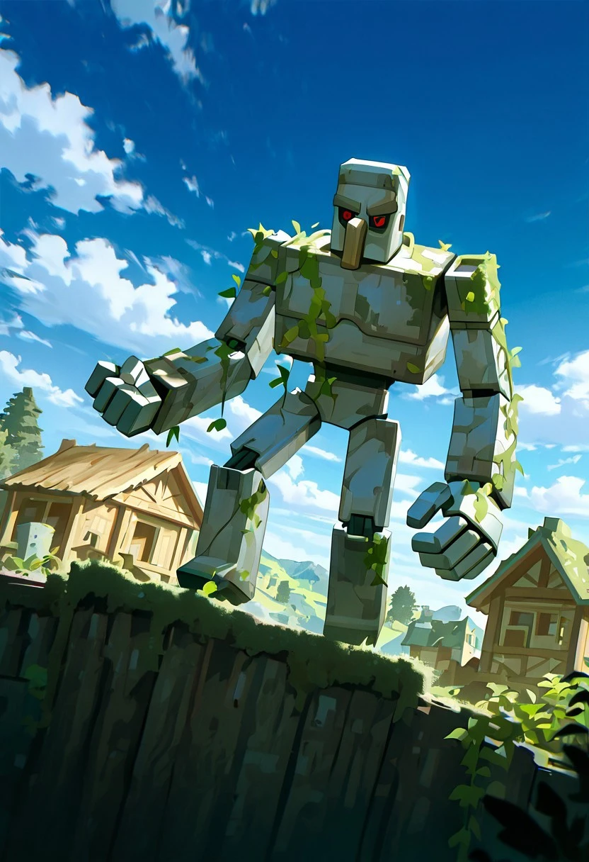 masterpiece, best quality, amazing quality, very aesthetic, absurdres, newest, cinematic, movie scene, foreground blur, volumetric lighting,
ironglem, no humans, red eyes, black sclera, red pupils, standing, solo, robot, big nose, long nose, no mouth, plant, grey metal body, vines, mecha, moss, , thick gray monobrow,
attacking, dynamic pose, dynamic angle, destroyed village, wooden village, outdoors, daytime, blue sky, clouds, fighting stance,
