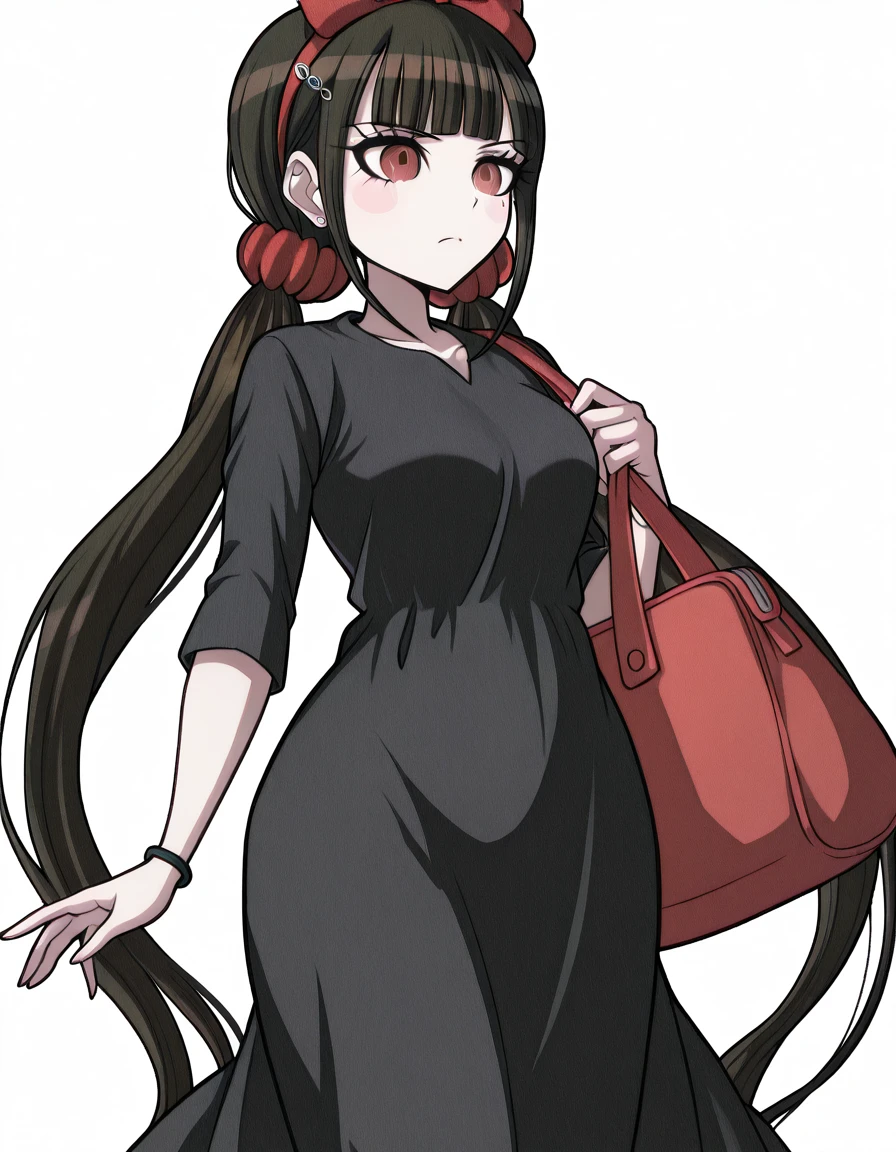 masterpiece, best quality, amazing quality,, <lora:maki-harukawa-ingame-illustriousxl-lora-nochekaiser:1>, maki harukawa, harukawa maki, long hair, bangs, brown hair, black hair, hair ornament, red eyes, twintails, very long hair, hairclip, blunt bangs, mole under eye, low twintails, scrunchie, hair scrunchie, red scrunchie, mature female, medium breasts, <lora:witch-kiki-cosplay-illustriousxl-lora-nochekaiser:1>, witch kiki cosplay, kiki (majo no takkyuubin) (cosplay), bag, black dress, bow, bow hairband, cosplay dress, hairband, long dress, red bow, red hairband, shoulder bag, sleeves past elbows,, <lora:dynamic-pose-illustriousxl-lora-nochekaiser:1>, dynamic pose, attack, cowboy shot, blush_stickers, , <lora:transparent-background-illustriousxl-lora-nochekaiser:1>, transparent background, simple background, white background, ,