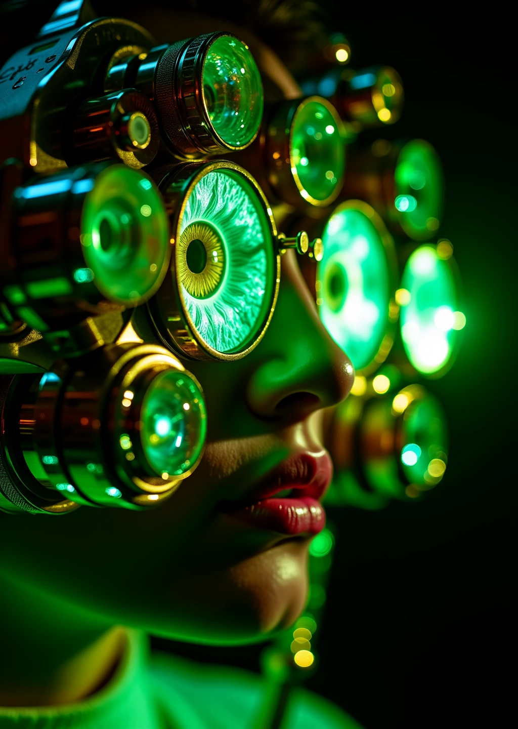 A captivating close-up of a woman undergoing an eye exam, her striking eye fully visible through one viewport of a vintage phoroptor. The phoroptor glows with intricate, iridescent opal accents that shimmer in vibrant green tones (HEX #008080), complemented by sleek, futuristic gold-chrome details. The scene is illuminated by a dramatic spotlight casting dynamic shadows, evoking a bold retro-futuristic synthwave aesthetic with neon green highlights. Ultra-detailed, 8K resolution, studio-quality lighting, set against a stark black background to emphasize the glowing elements and intricate textures.