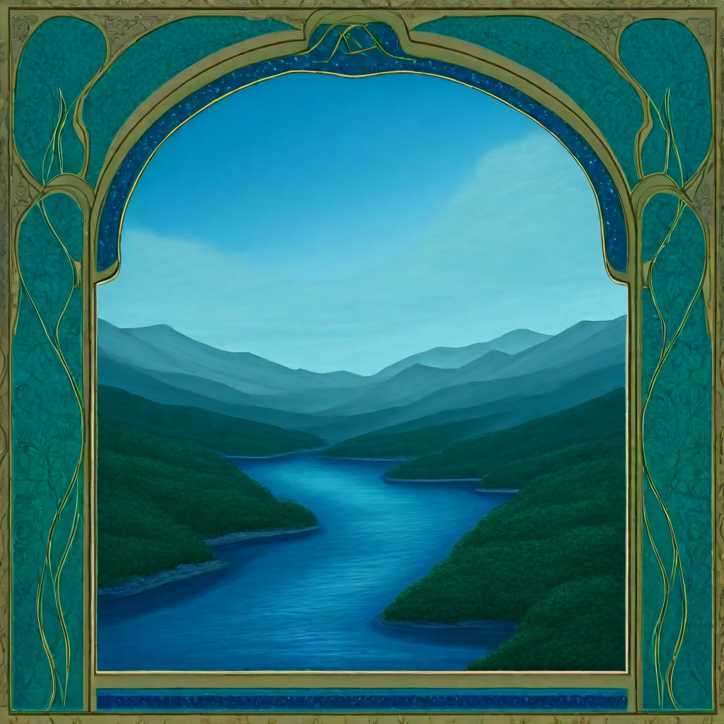 <lora:ArtNoveauMJ7Illustrious:1> ArsMJStyle, Art Nouveau,, The image shows a painting of a landscape with trees mountains water rocks and a sky with clouds. The trees are lush and green and the mountains are majestic and imposing. The sky is a deep blue with white clouds scattered throughout. The water is a tranquil blue reflecting the sky and the trees. The rocks are jagged and rocky adding texture and depth to the painting., no humans, tree, scenery, cloud, sky, mountain, outdoors, nature, day, water