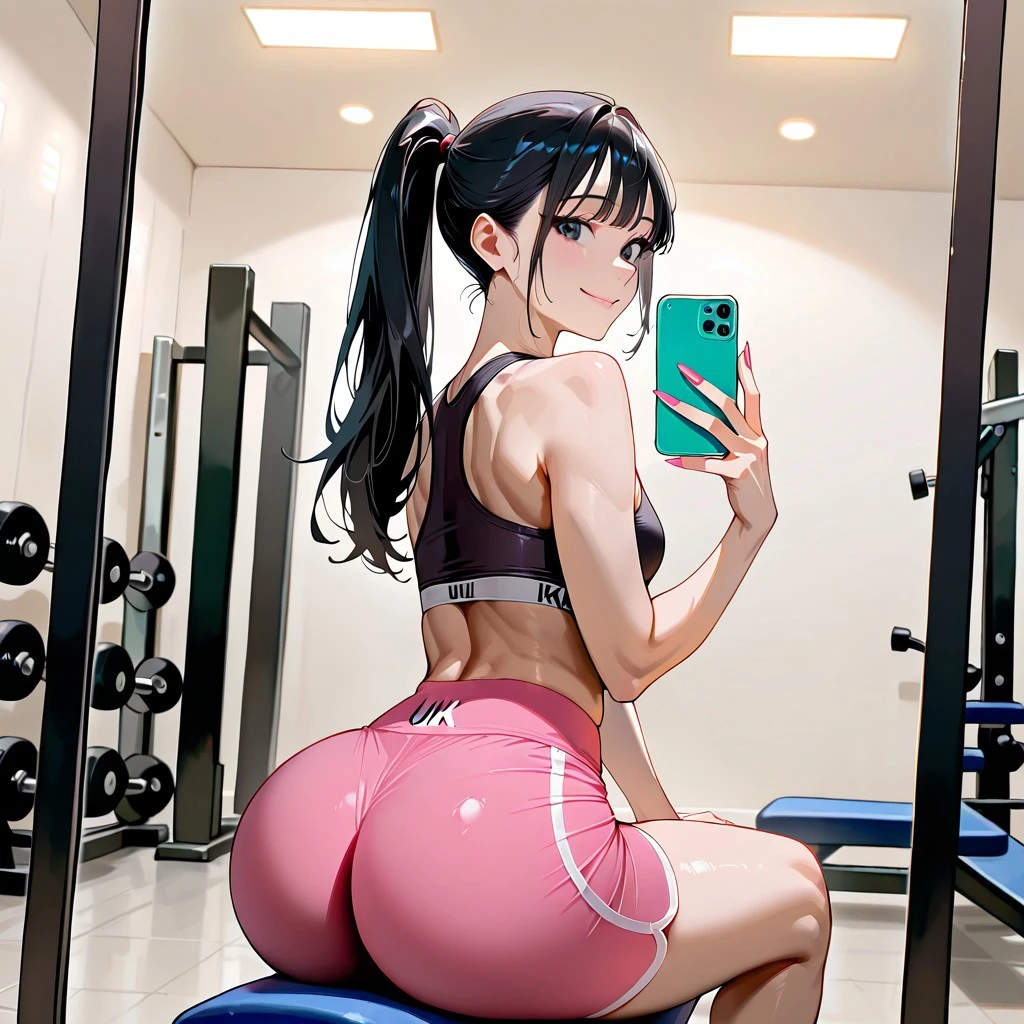 ((masterpiece)), (bestquality), ((ultra-detailed)), depth of field, (dynamic angle), (beautiful detailed blue eyes), 1woman, ((full body portrait)),((voluminous long black hair styled into one single long braid down to her waist)), perfect Body, ((medium bust, cleavage)), smiling, (Beautiful woman wearing a gym outfit, inside a gym), (toned and slender body), black hair, (sexy abs, cleavage), gym_outfit, bracelet, necklace, bulge, taking a Selfie,