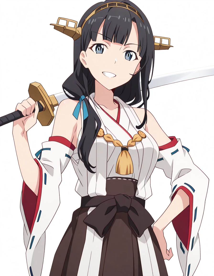 masterpiece, best quality, amazing quality,, <lora:mari-kurokawa-s1s2-illustriousxl-lora-nochekaiser:1>, mari kurokawa, long hair, bangs, blue eyes, black hair, ribbon, hair ribbon, blue ribbon, hair over shoulder, mature female, medium breasts, anime screencap, <lora:kancolle-kongou-cosplay-illustriousxl-lora-nochekaiser:1>, kancolle kongou cosplay, kongou (kancolle) (cosplay), kongou pose, nontradional miko, cosplay, ribbon-trimmed sleeves, ribbon trim, bare shoulders, headgear,, <lora:sword-over-shoulder-illustriousxl-lora-nochekaiser:1>, sword over shoulder, weapon over shoulder, holding, holding sword, holding weapon, sword, hand on own hip, grin, looking at viewer,, serious, open mouth, <lora:transparent-background-illustriousxl-lora-nochekaiser:1>, transparent background, simple background, white background, ,