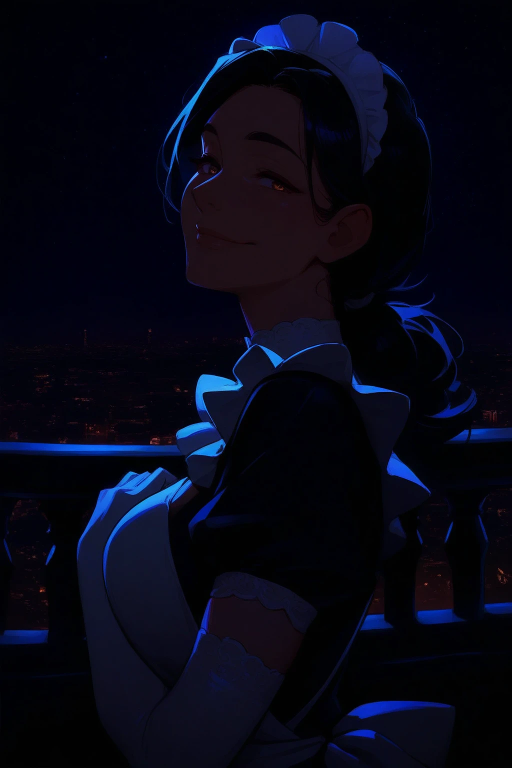 masterpiece, best quality, 1girl, solo, mature female, low side ponytail, one hand on own chest, maid, maid outfit, white elbow gloves, upper body, from side, looking at viewer, smile, balcony, night, starry sky, dark, city, cityscape, stylized